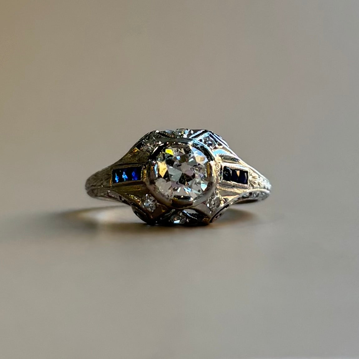 Art Deco 0.75ct Diamond & Step-Cut Blue Sapphire Ring | 18k White Gold | Vintage