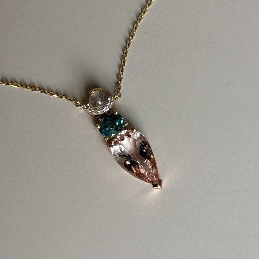 Morganite, Swiss Blue Topaz and Moonstone Necklace | 14K Yellow and  Rose Gold | 18" Chain