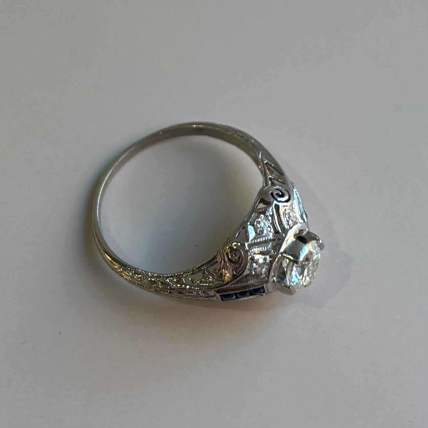 Art Deco 0.75ct Diamond & Step-Cut Blue Sapphire Ring | 18k White Gold | Vintage