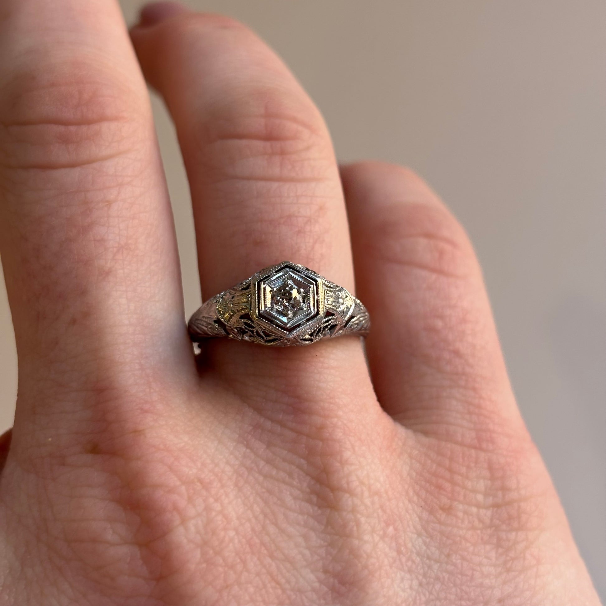 Art Deco Diamond Hexagonal Bezel Filigree Ring | 18k White Gold | Vintage