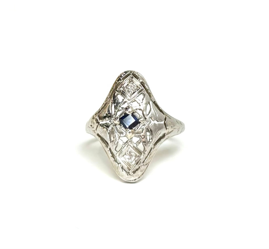 Blue Sapphire & Diamond Navette Filigree Ring | 18k White Gold | Vintage