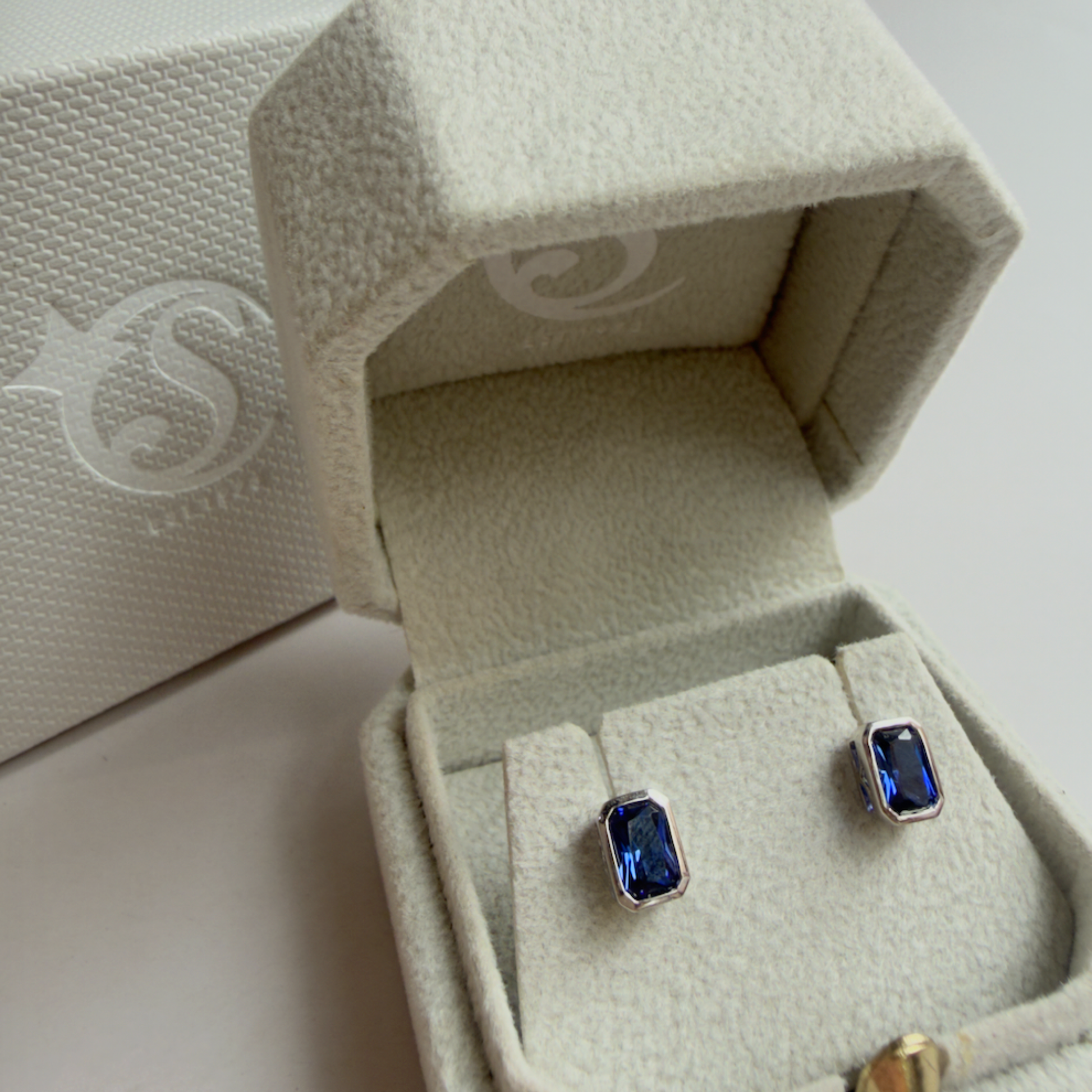 Emerald Cut Bezel Studs | Blue Sapphire | Sterling Silver