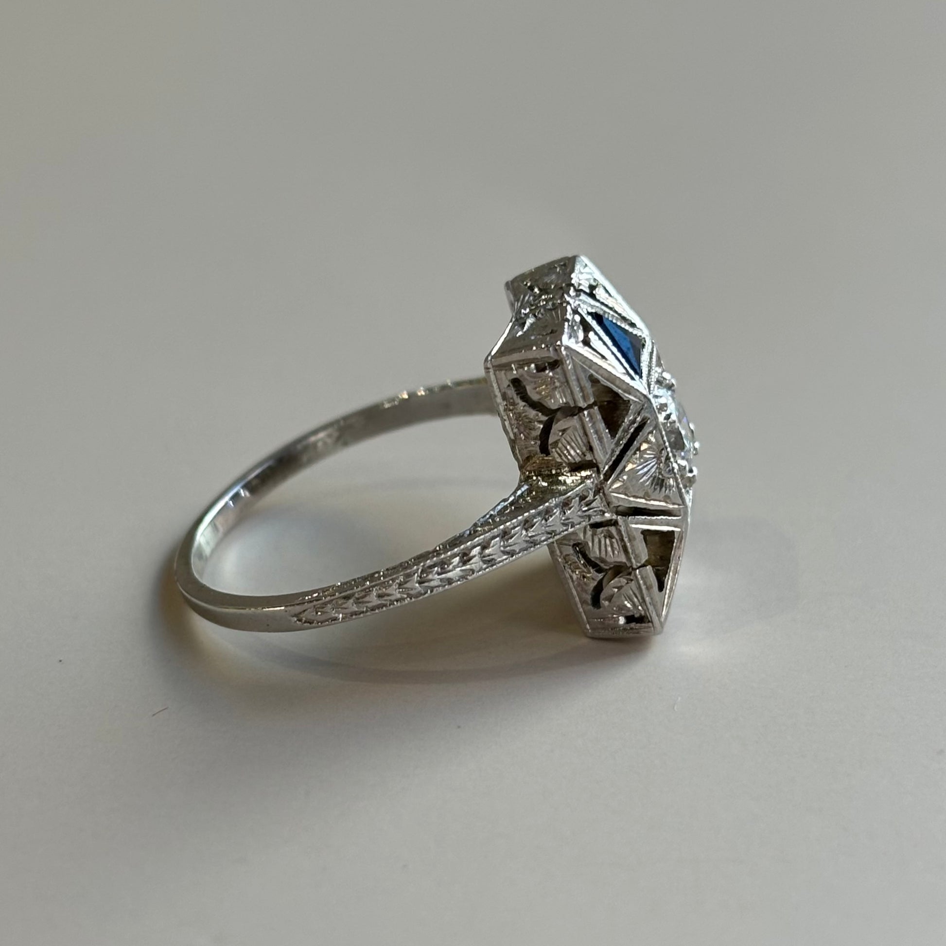 Art Deco Diamond & Sapphire Ring | 20K White Gold | Vintage