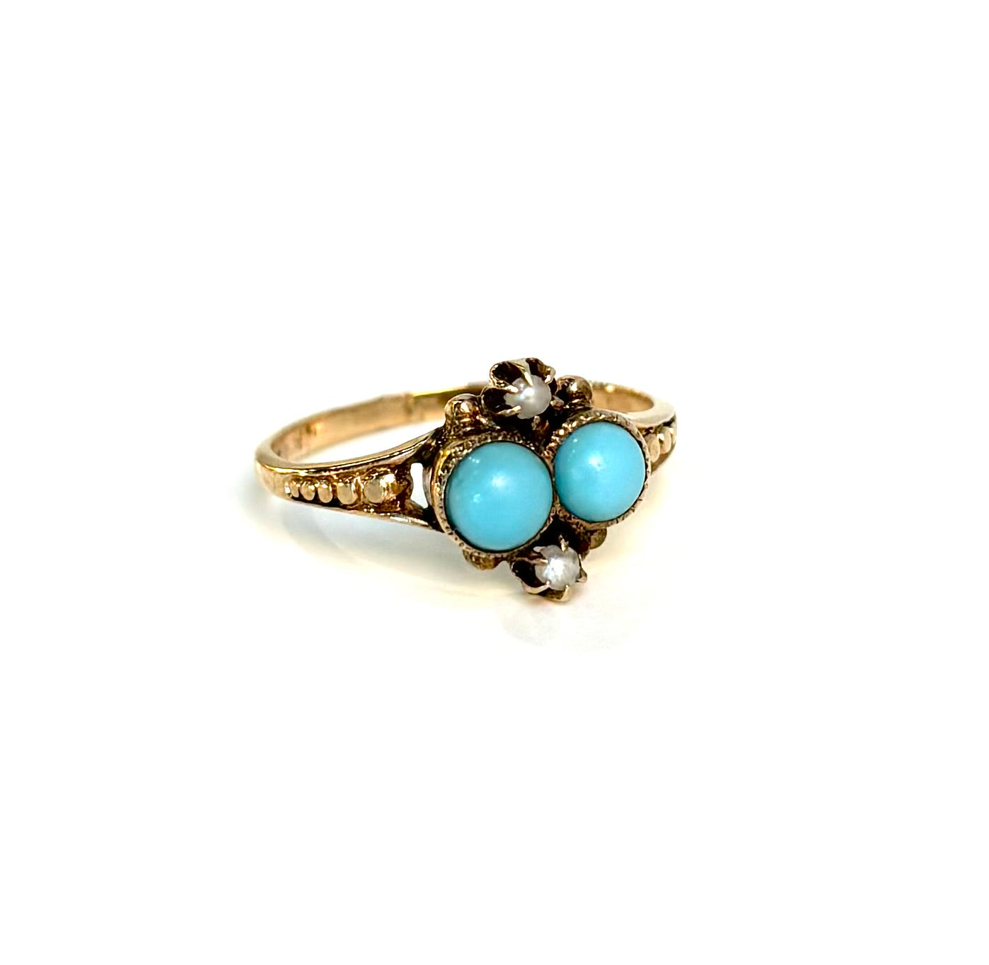 Victorian Double Turquoise Cabochon & Pearl Ring | 10k Yellow Gold | Vintage