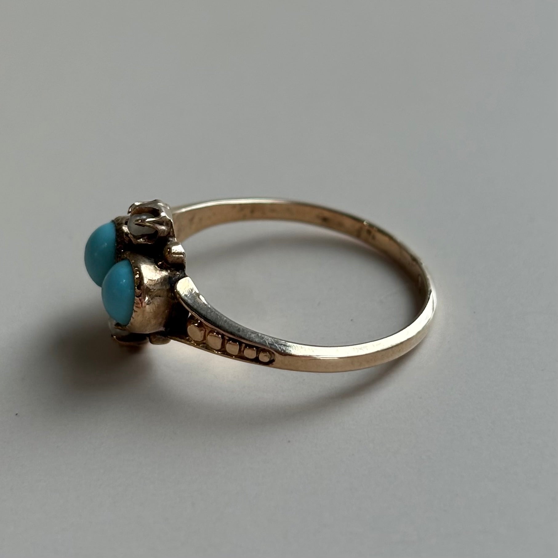 Victorian Double Turquoise Cabochon & Pearl Ring | 10k Yellow Gold | Vintage
