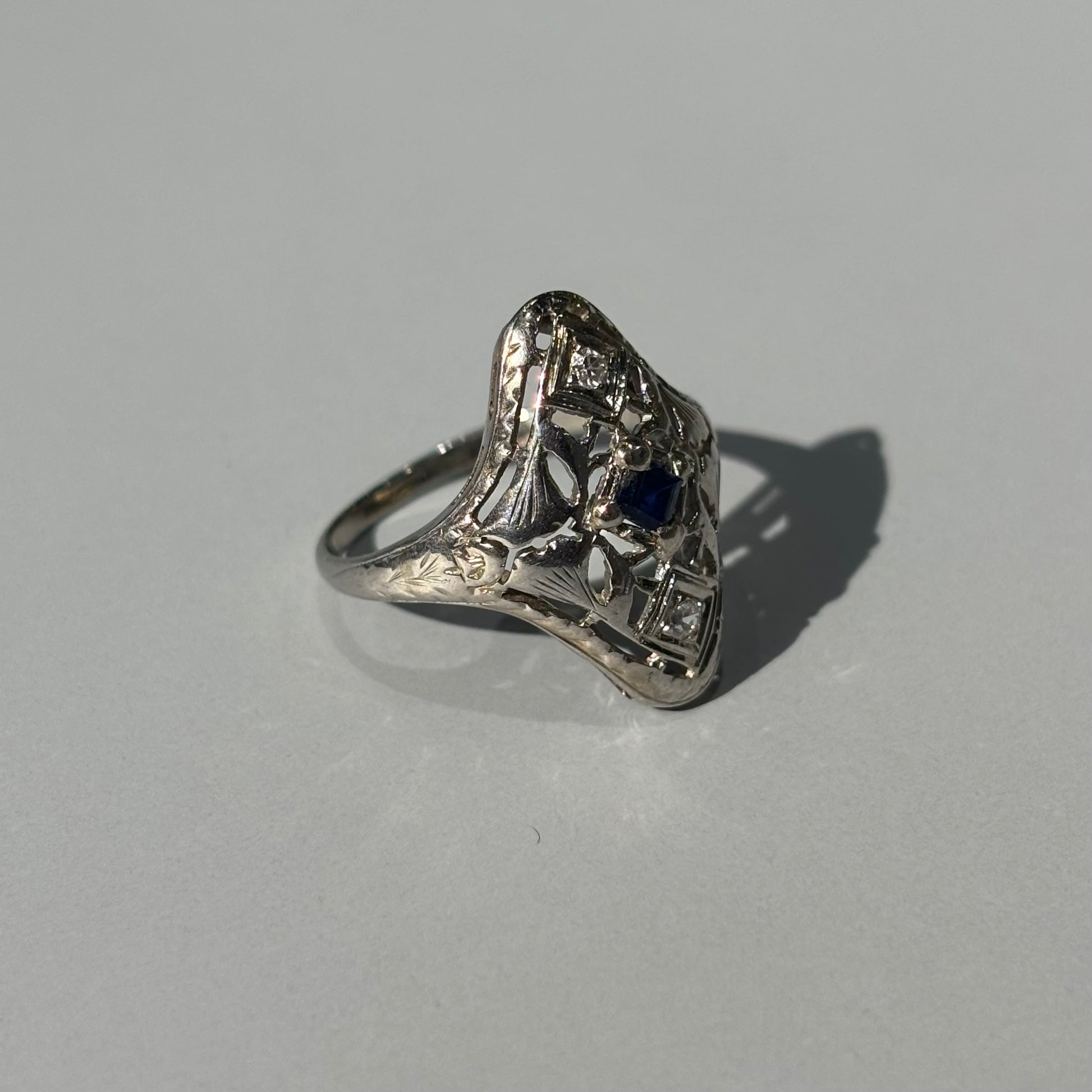 Blue Sapphire & Diamond Navette Filigree Ring | 18k White Gold | Vintage