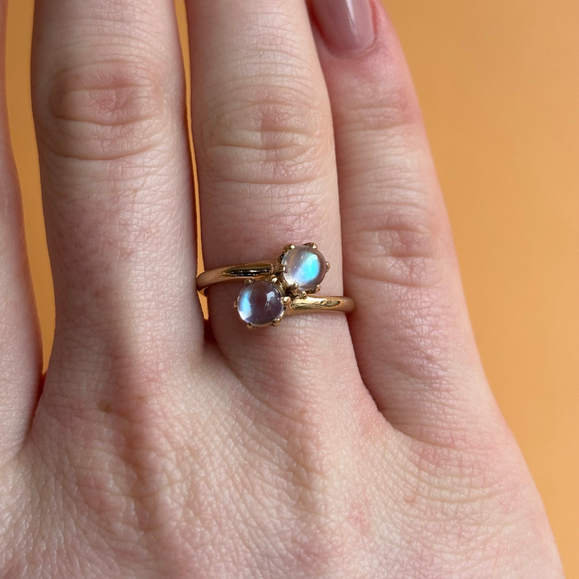 Victorian Double Moonstone Bypass Ring | 14K Yellow Gold | Vintage