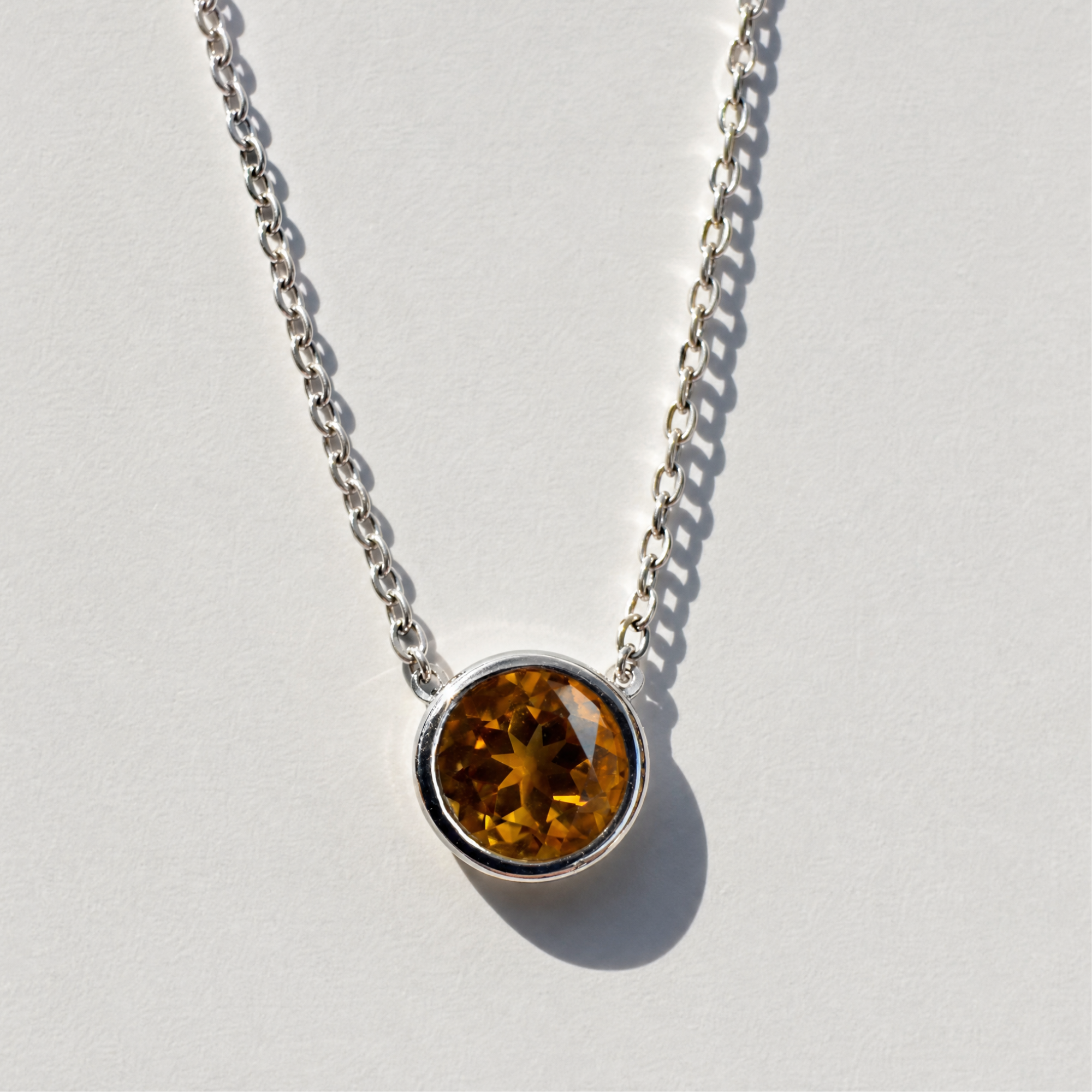 Round Citrine Bezel Necklace | Sterling Silver