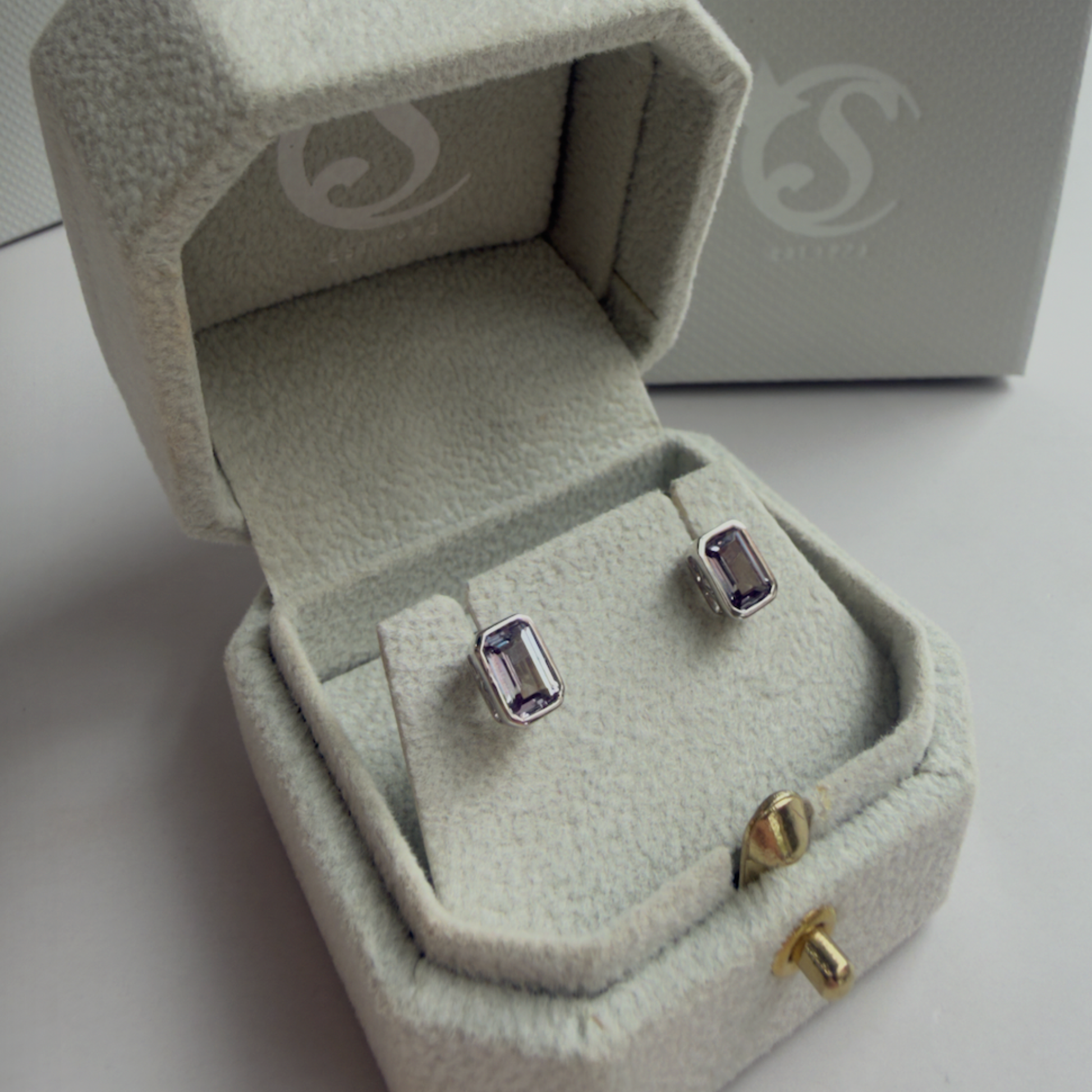 Emerald Cut Bezel Studs | Alexandrite | Sterling Silver