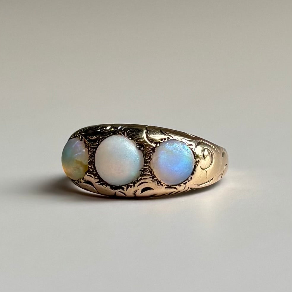 Gypsy Set Three Stone Opal Ring | 14K Yellow Gold | Vintage