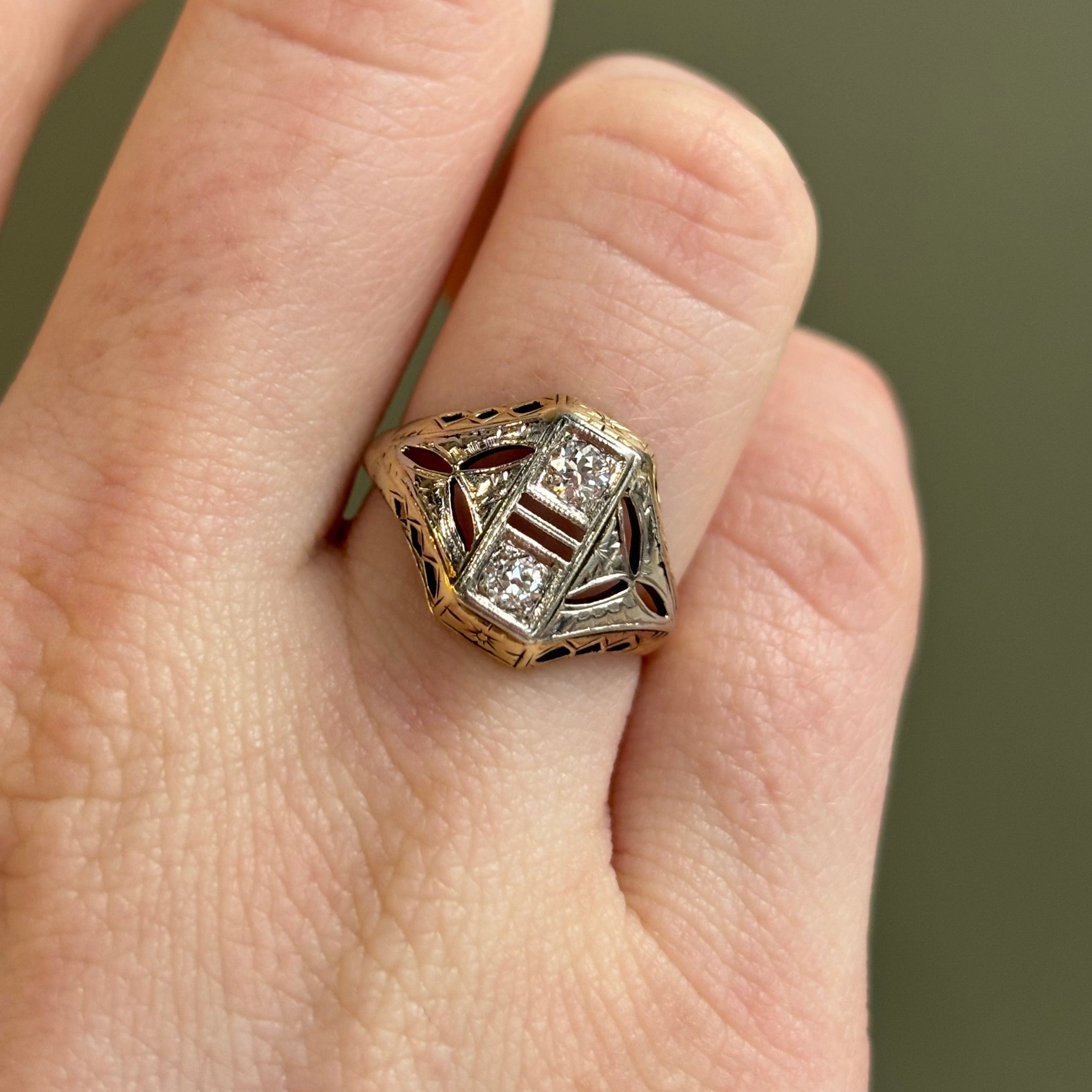 Art Deco Shield Ring | 0.35CTW Old European Cut Diamonds | Vintage