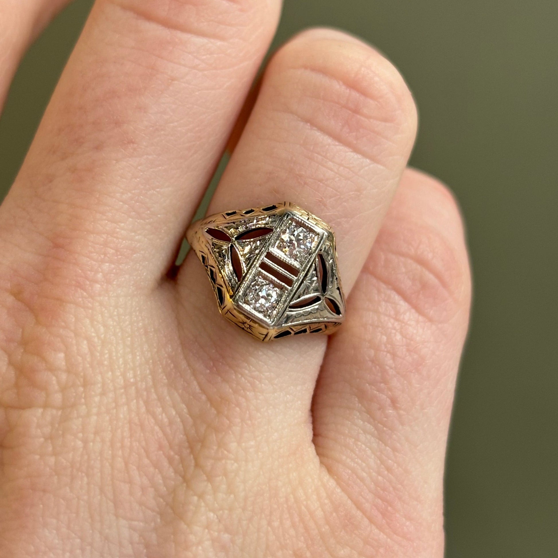 Art Deco Shield Ring | 0.35CTW Old European Cut Diamonds | Vintage