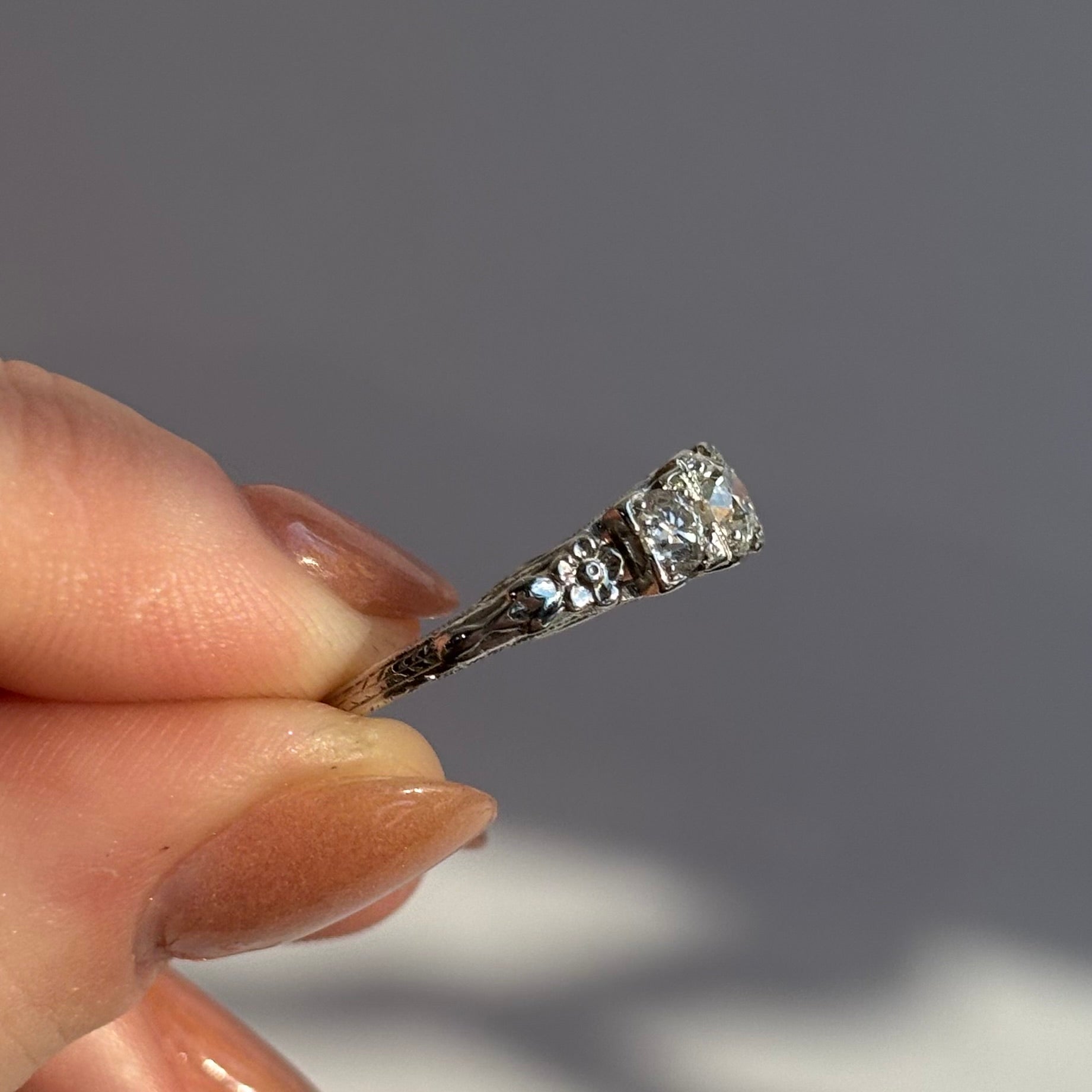 1920s Floral 3-Stone 0.85ct Diamond Engagement Ring | 18K White Gold | Vintage
