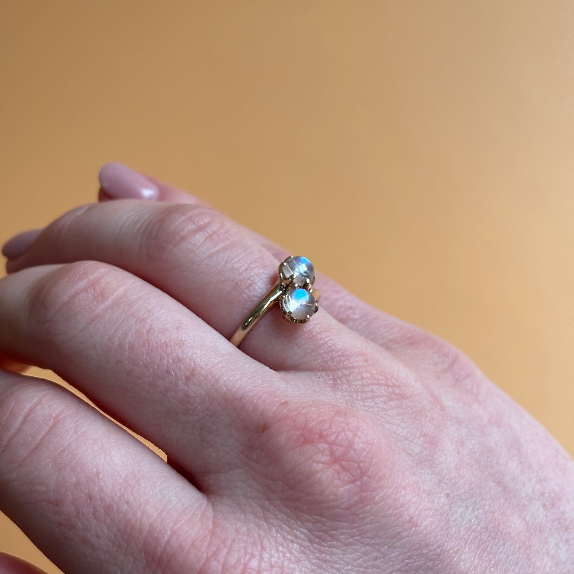 Victorian Double Moonstone Bypass Ring | 14K Yellow Gold | Vintage