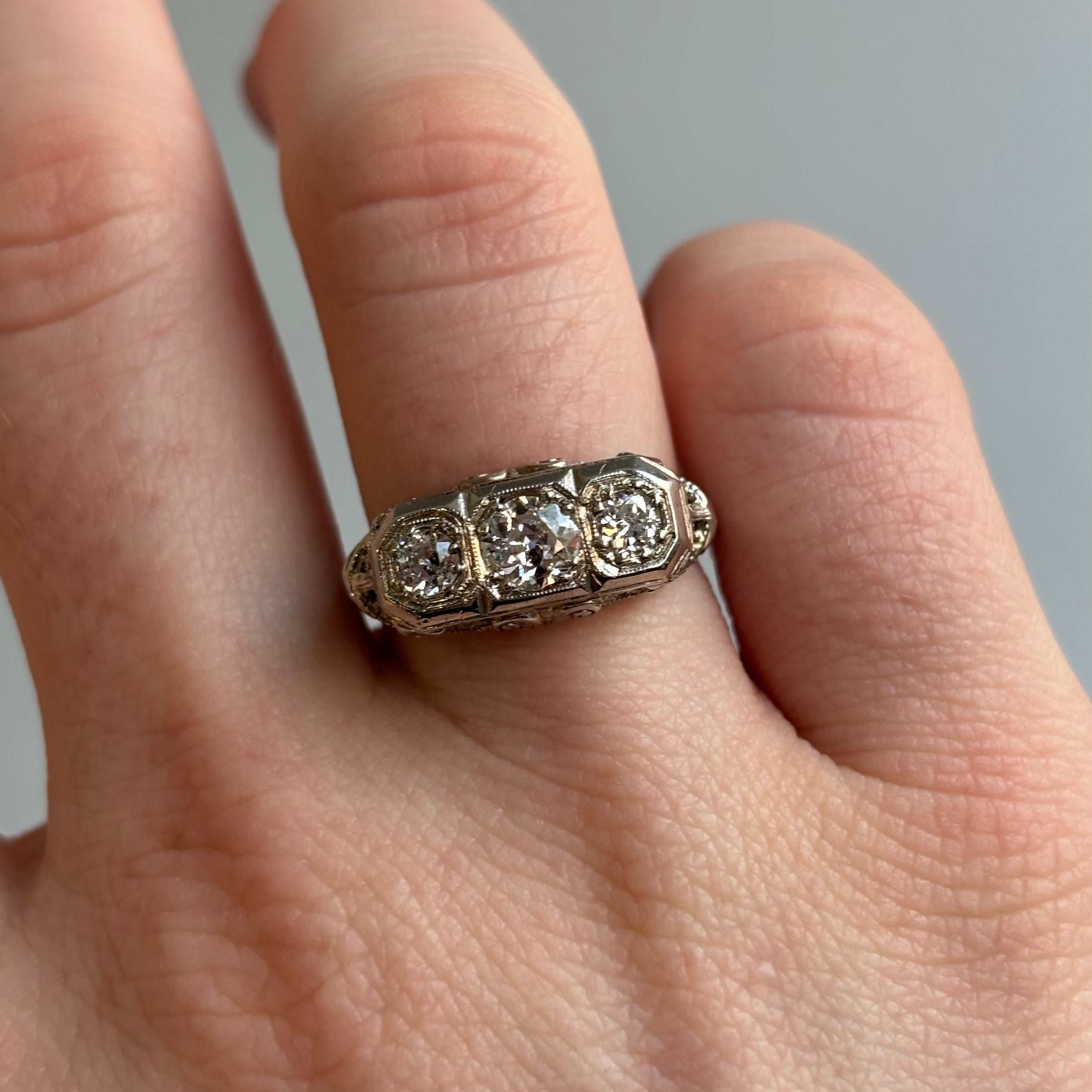 Art Deco 3-Stone Diamond Filigree Ring | 18k White Gold | Vintage