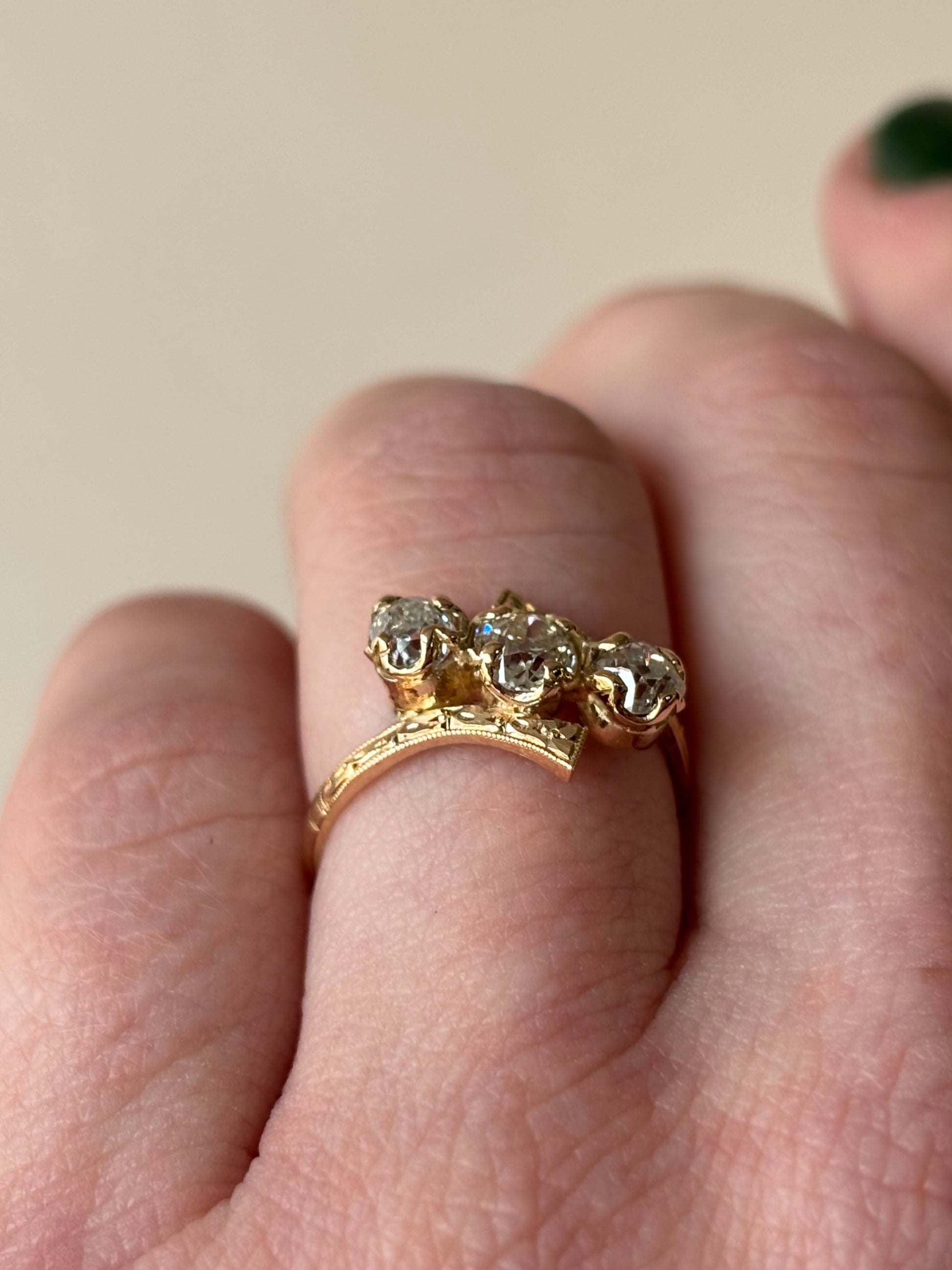 1.0ct Old Mine Cut Diamond Three Stone Bypass Ring | 14k Yellow Gold | Vintage