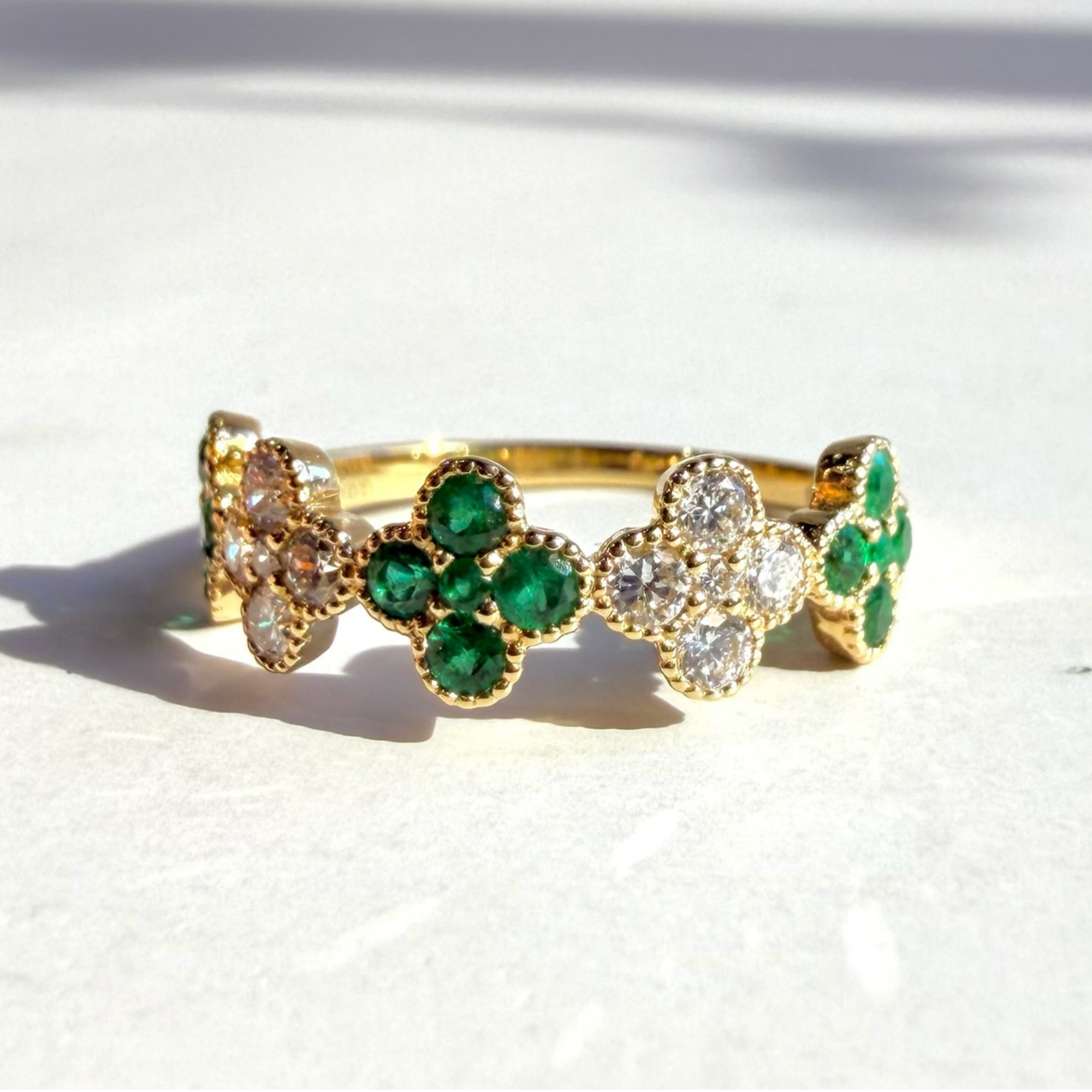Emerald and Diamond Clover Ring