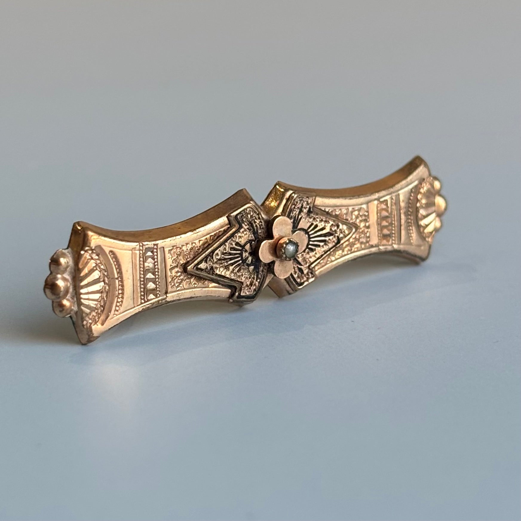 Victorian Black Enamel & Pearl Bar Pin | 10k Yellow Gold | Vintage