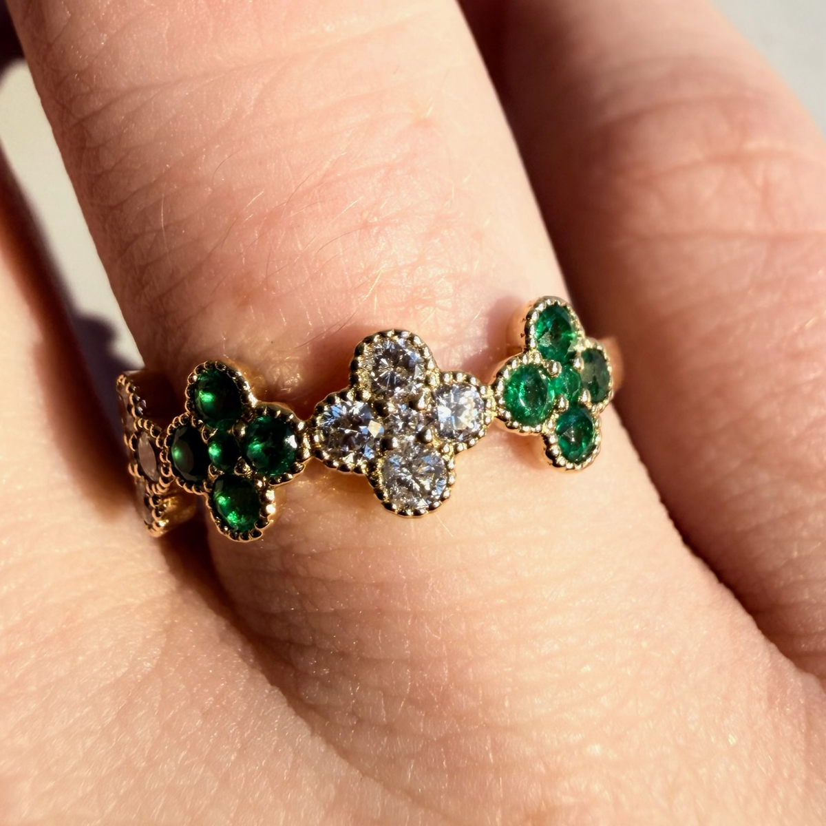 Emerald and Diamond Clover Ring