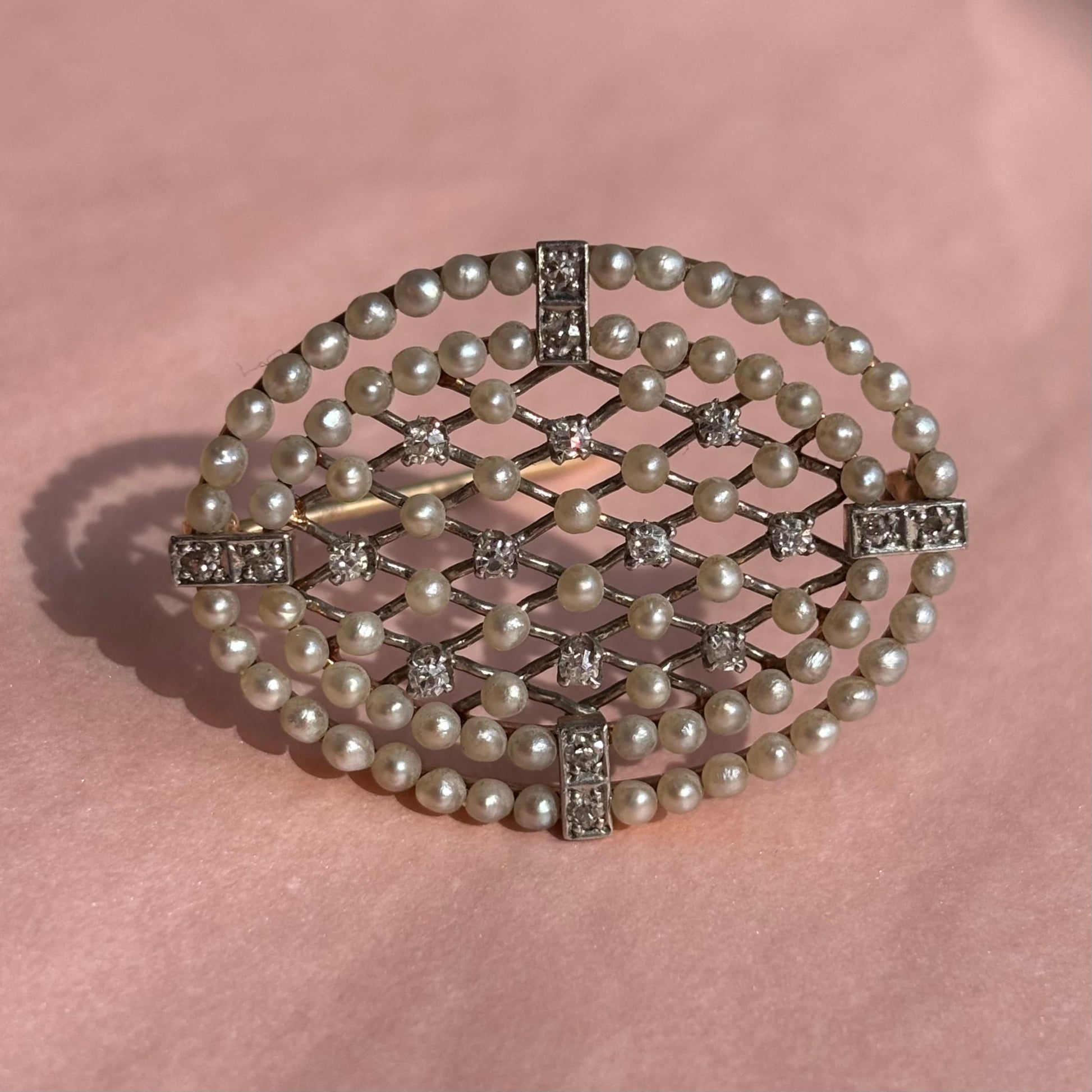 Edwardian Seed Pearl & Diamond Oval Brooch Pin | 14k Gold & Platinum | Vintage