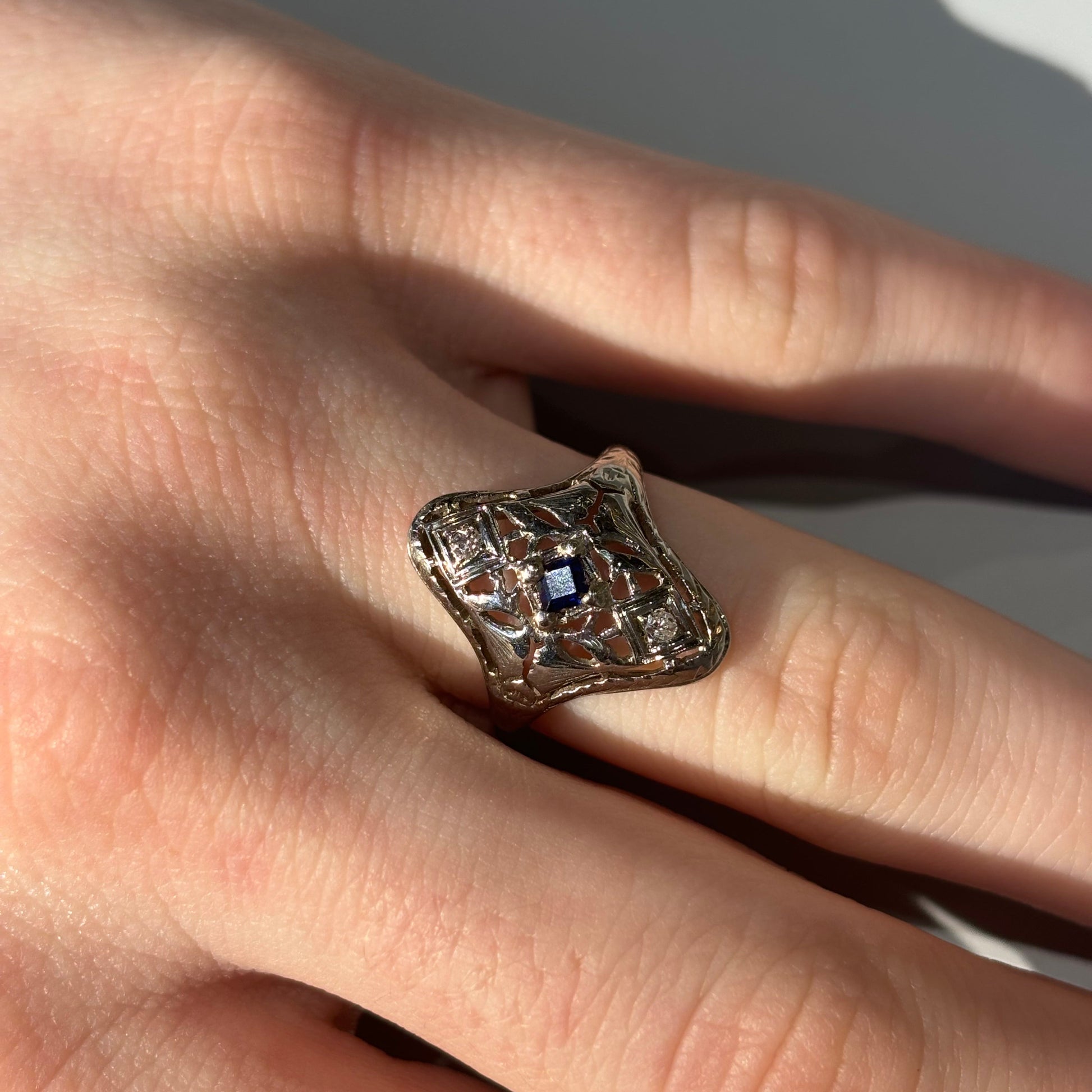 Blue Sapphire & Diamond Navette Filigree Ring | 18k White Gold | Vintage