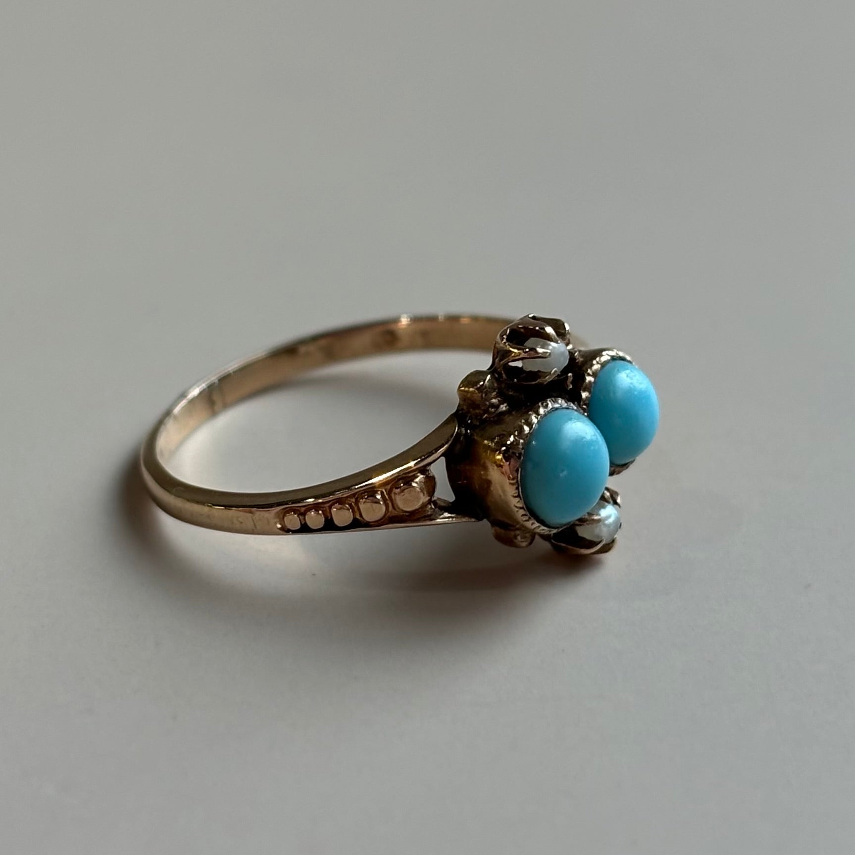 Victorian Double Turquoise Cabochon & Pearl Ring | 10k Yellow Gold | Vintage