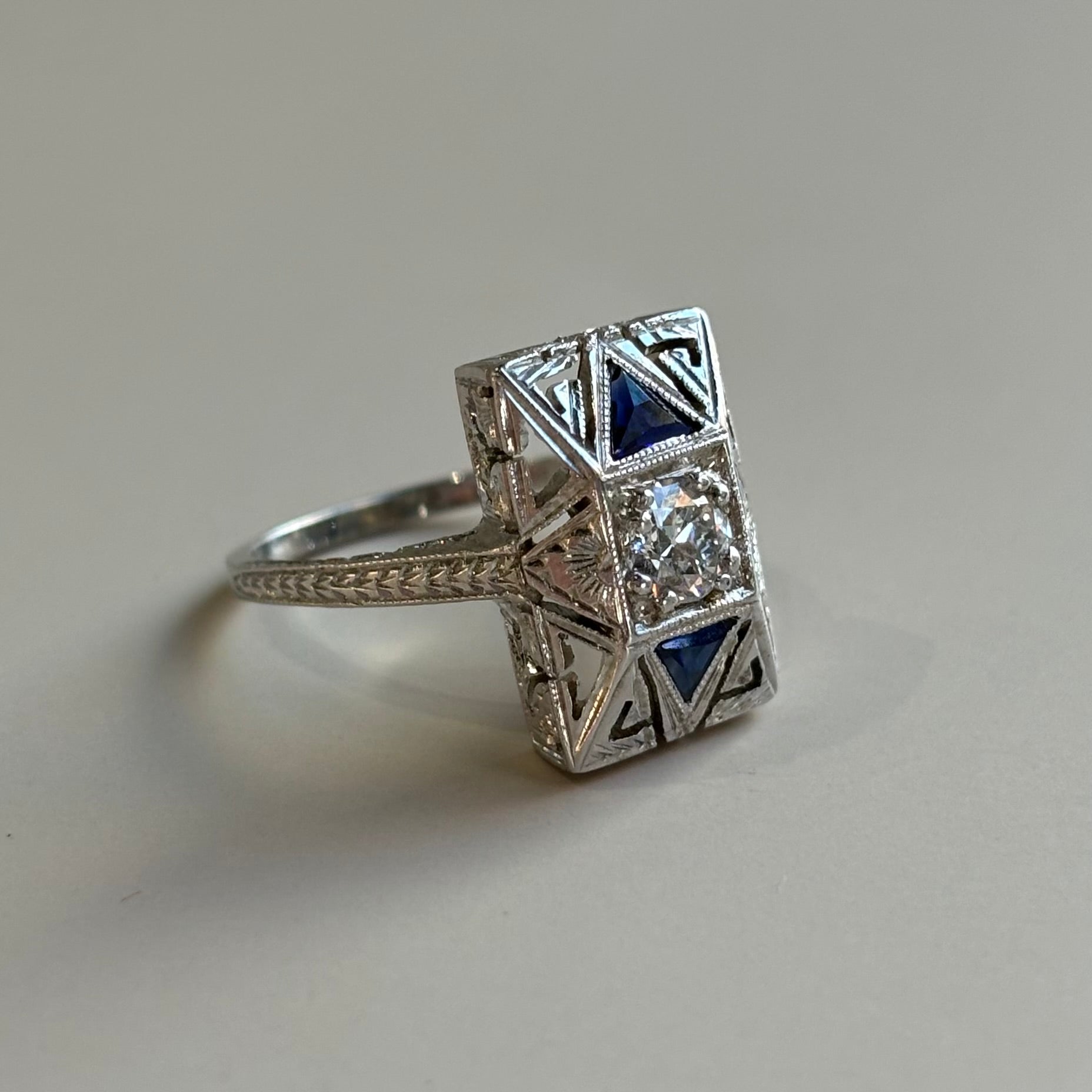 Art Deco Diamond & Sapphire Ring | 20K White Gold | Vintage