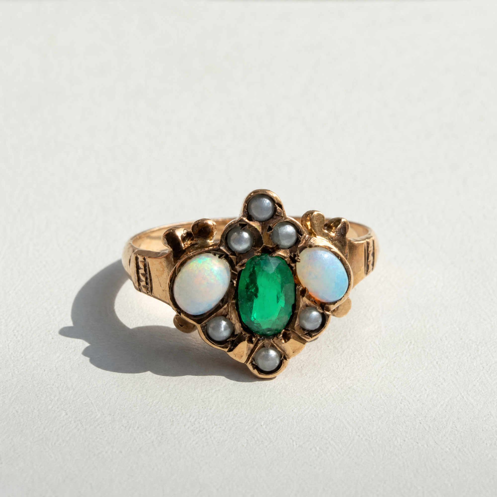 Emerald, Opal and Pearl Cluster Ring | 10K Yellow Gold | Vintage