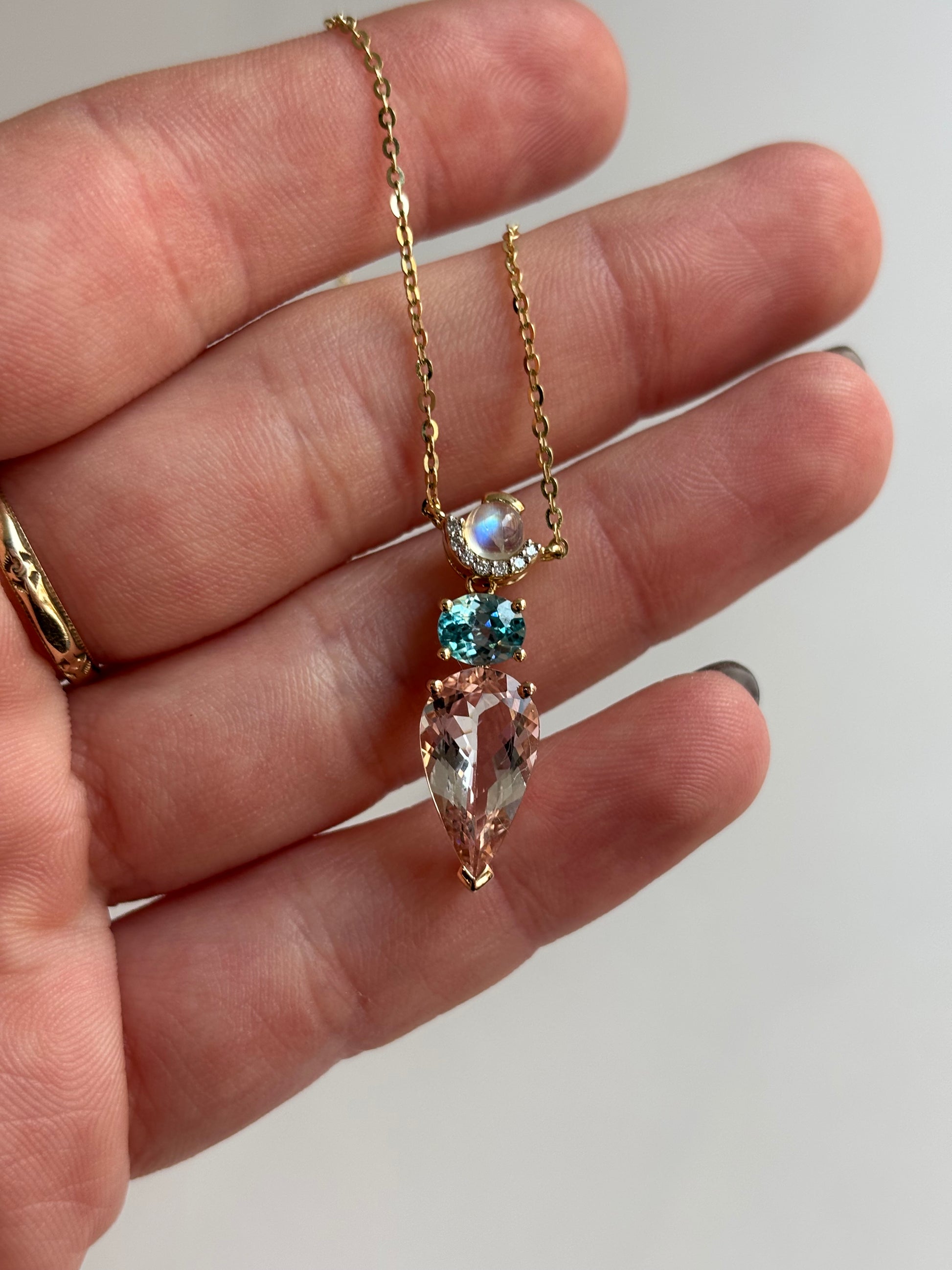 Morganite, Swiss Blue Topaz and Moonstone Necklace | 14K Yellow and  Rose Gold | 18" Chain