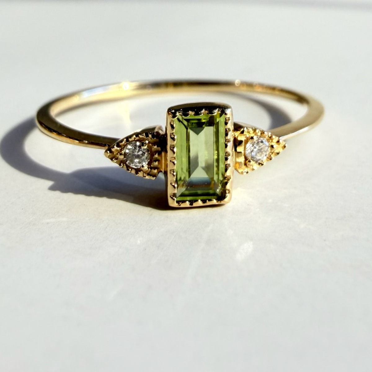 Peridot Baguette and Diamond Stacking Ring
