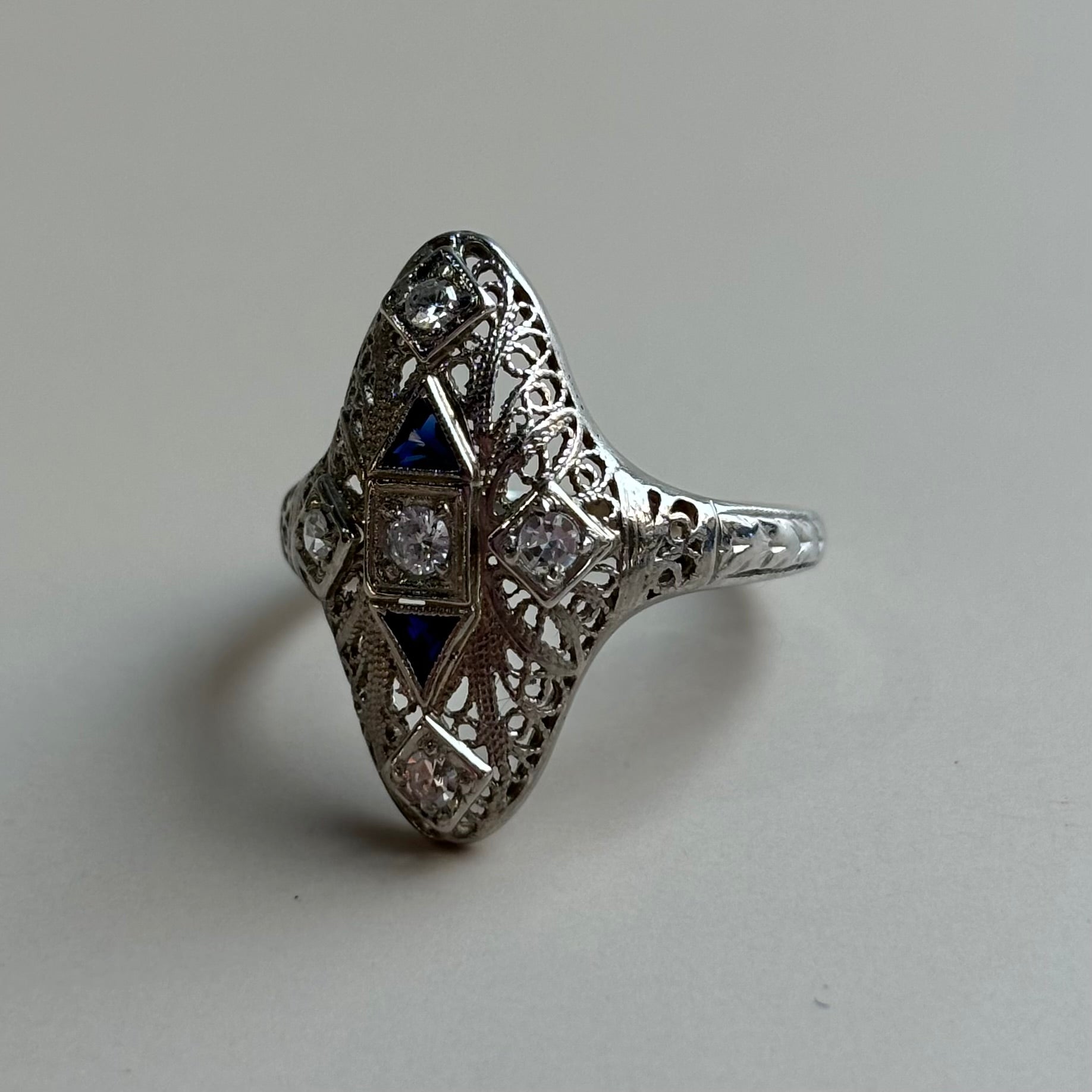 Art Deco Navette Blue Sapphire & Diamond Floral Filigree Ring | 18k White Gold | Vintage