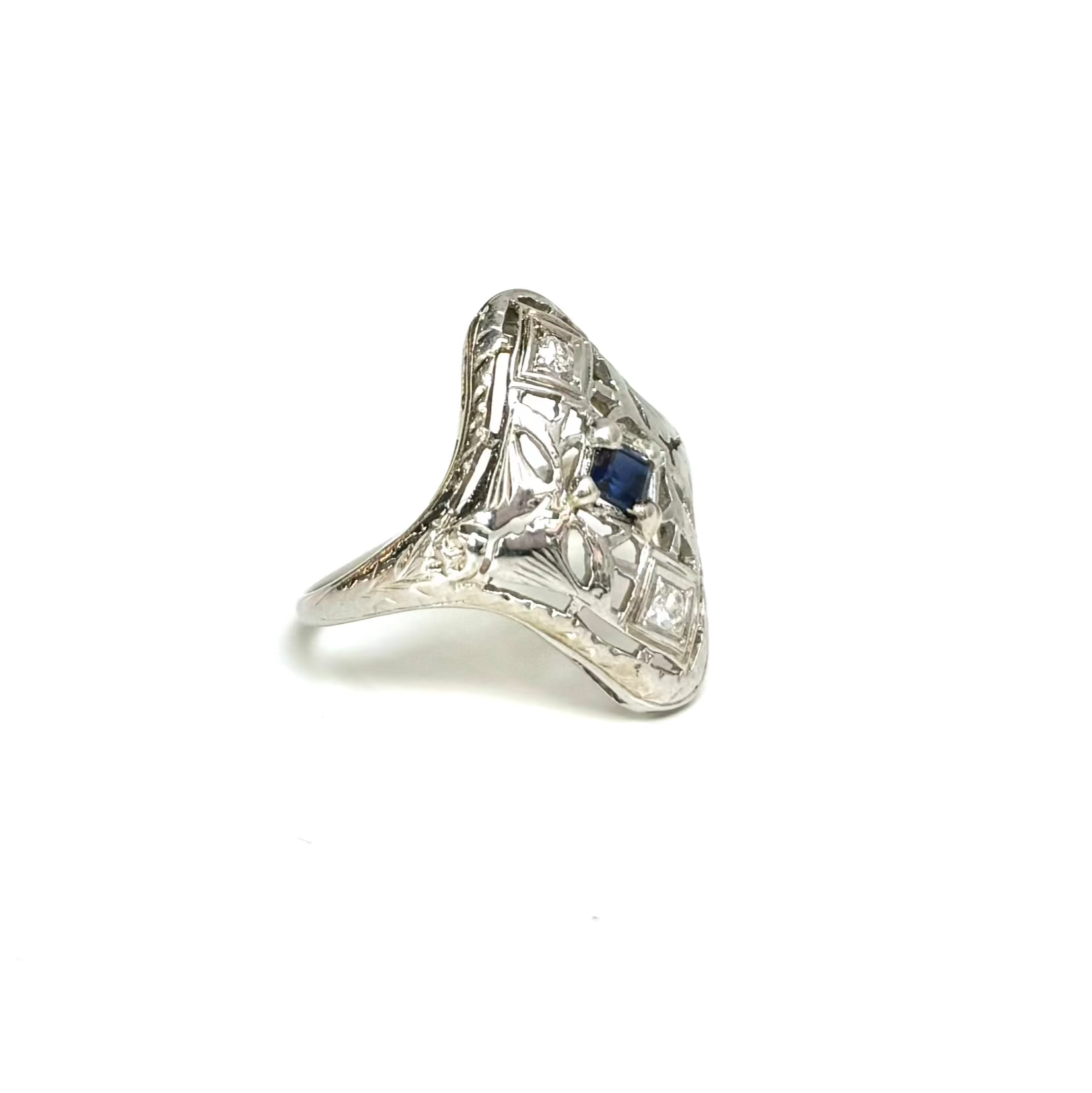 Blue Sapphire & Diamond Navette Filigree Ring | 18k White Gold | Vintage