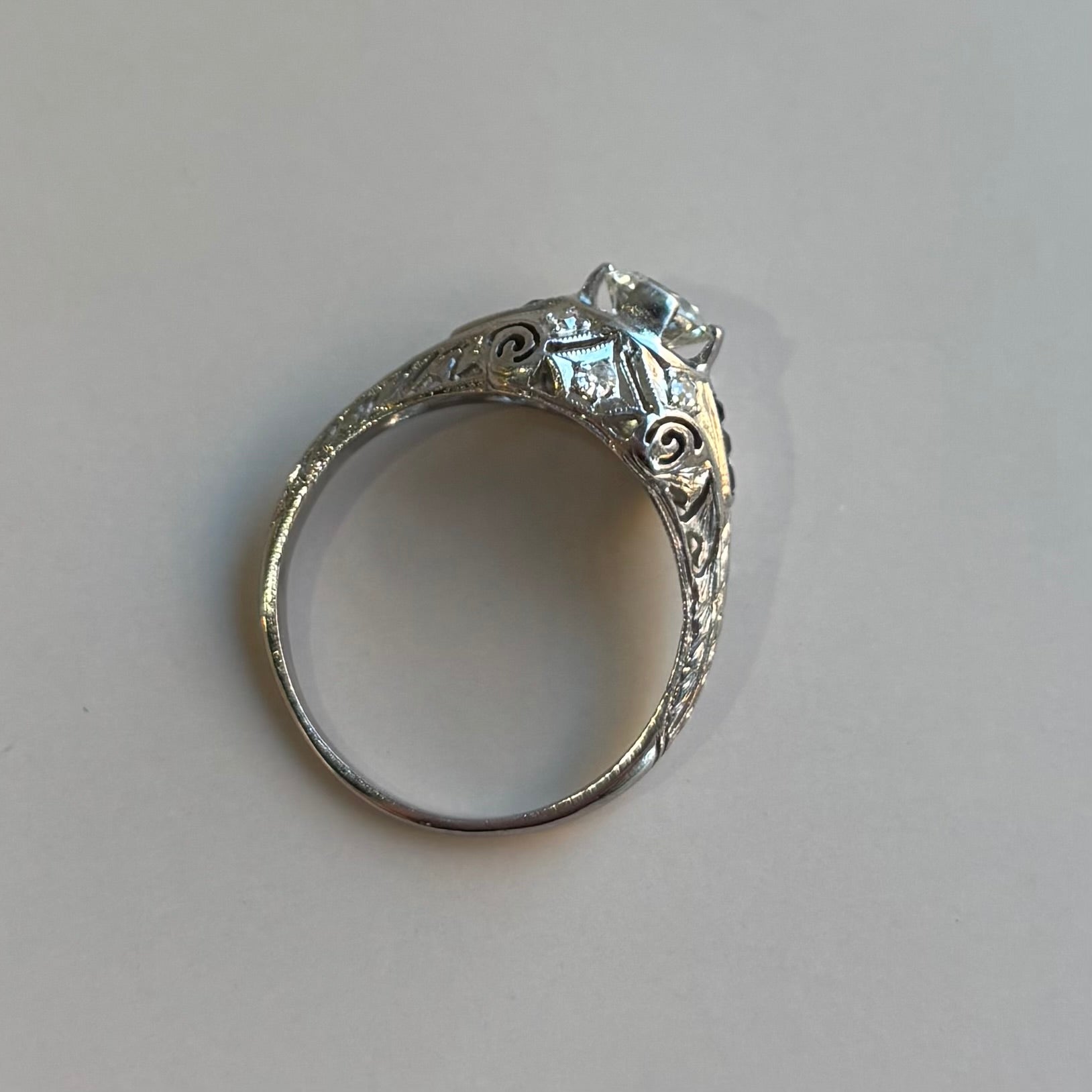 Art Deco 0.75ct Diamond & Step-Cut Blue Sapphire Ring | 18k White Gold | Vintage