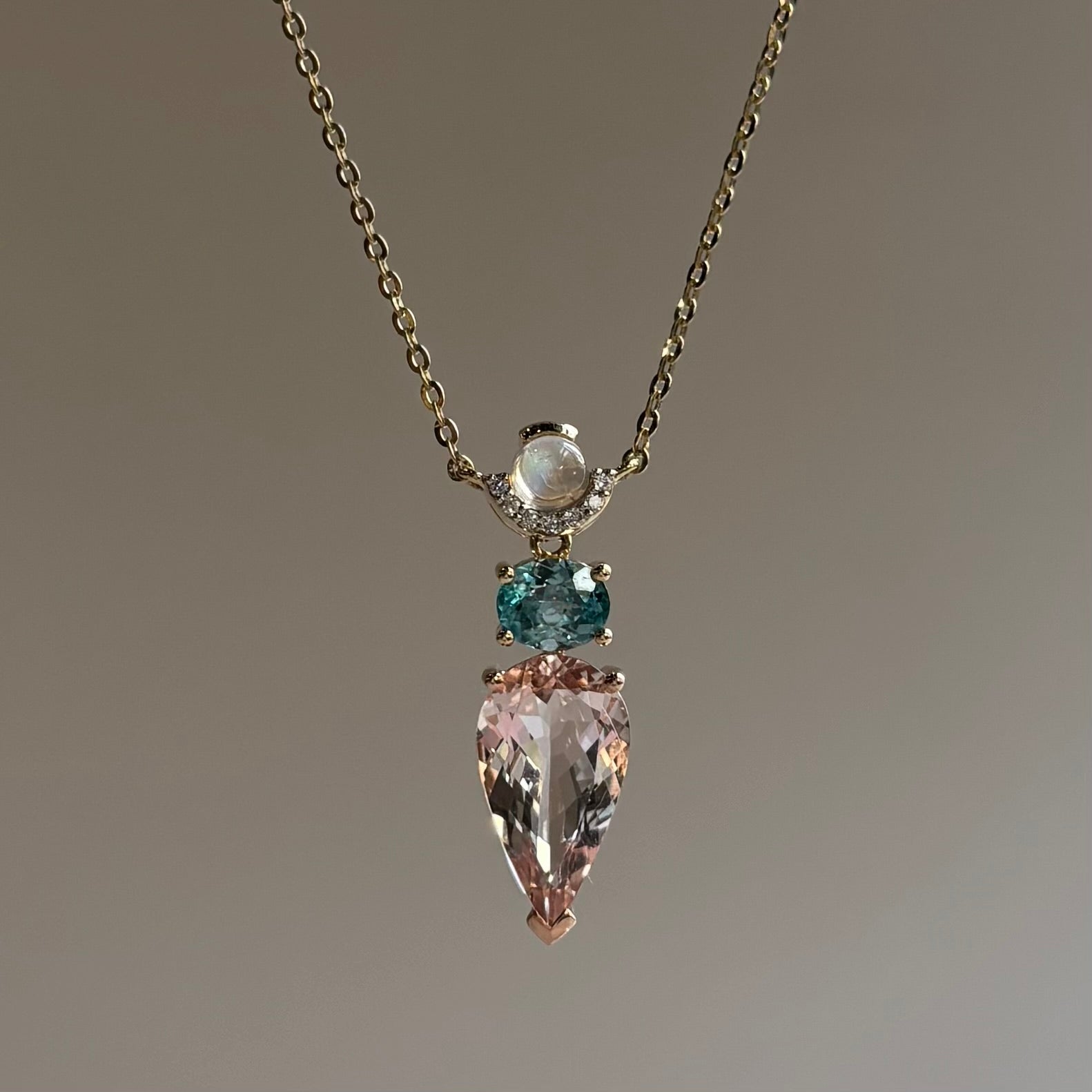Morganite, Swiss Blue Topaz and Moonstone Necklace | 14K Yellow and  Rose Gold | 18" Chain
