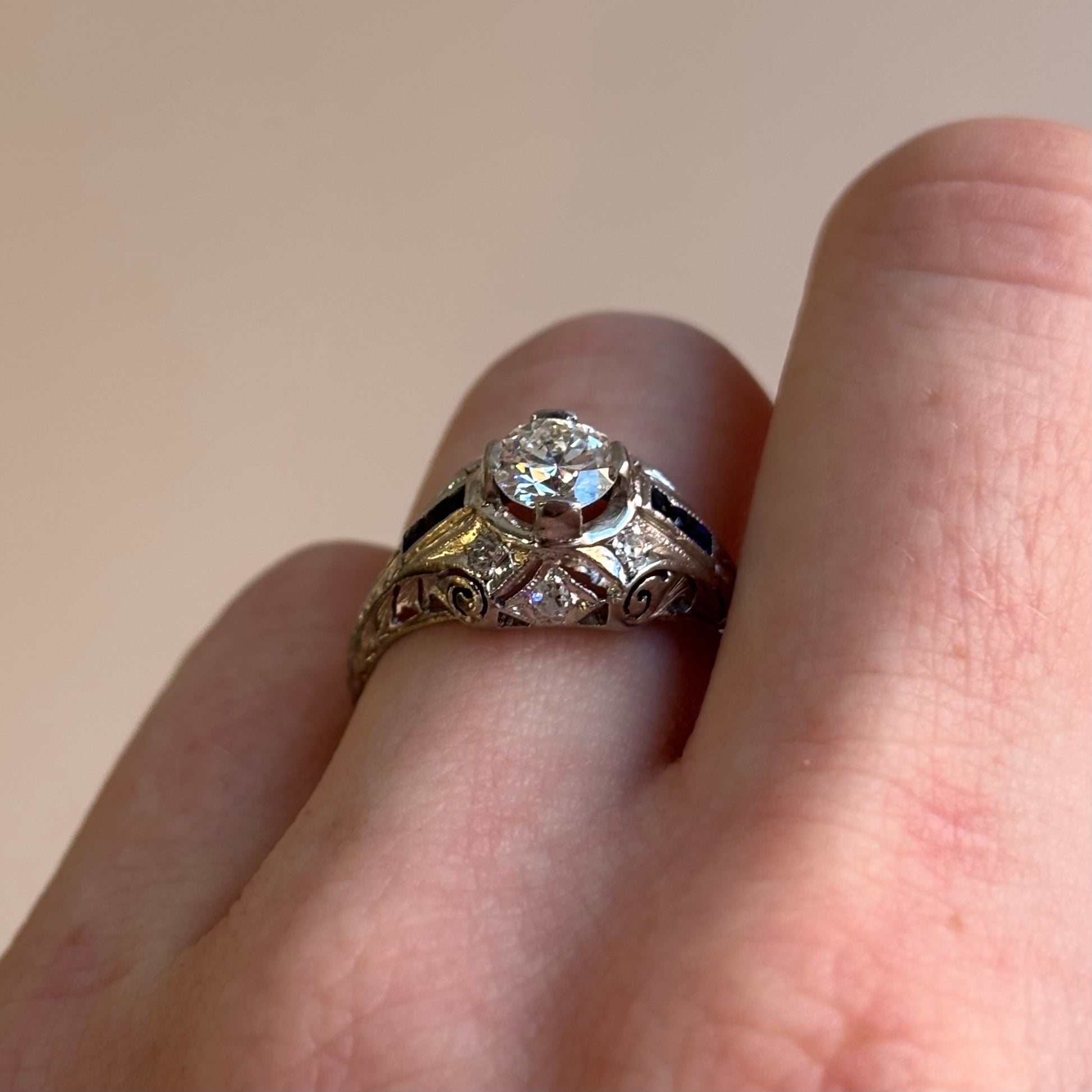 Art Deco 0.75ct Diamond & Step-Cut Blue Sapphire Ring | 18k White Gold | Vintage