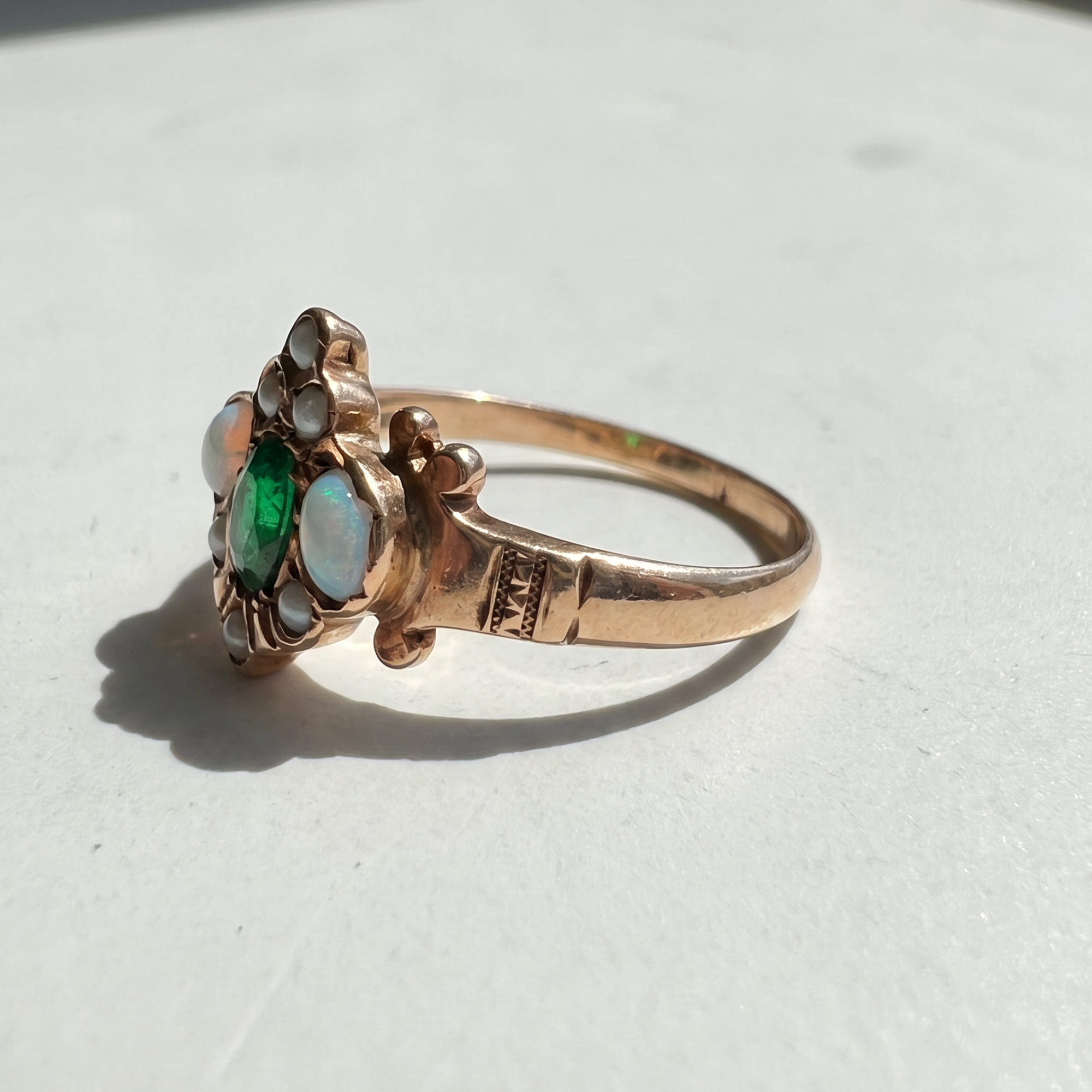 Emerald, Opal and Pearl Cluster Ring | 10K Yellow Gold | Vintage
