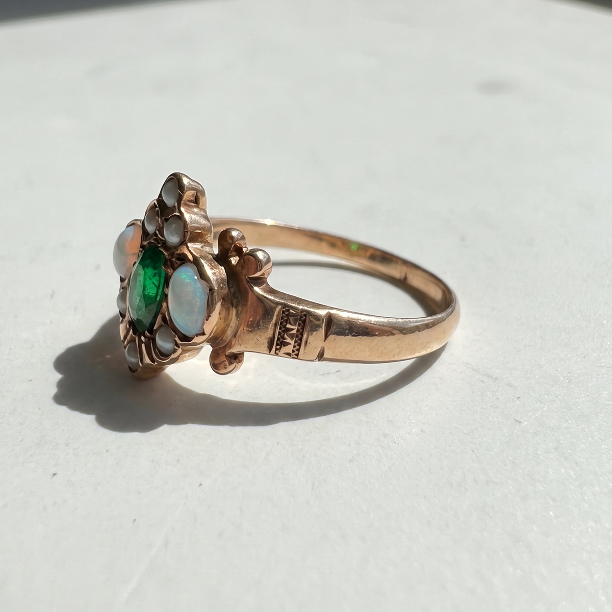 Emerald, Opal and Pearl Cluster Ring | 10K Yellow Gold | Vintage