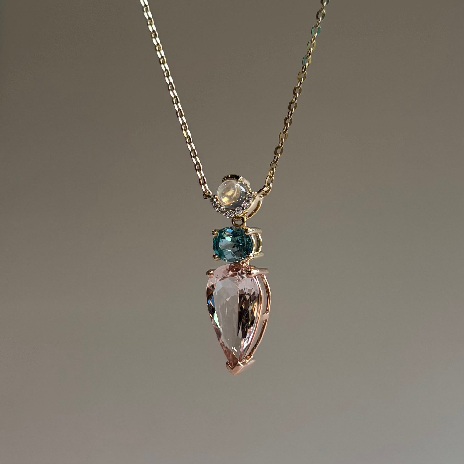 Morganite, Swiss Blue Topaz and Moonstone Necklace | 14K Yellow and  Rose Gold | 18" Chain
