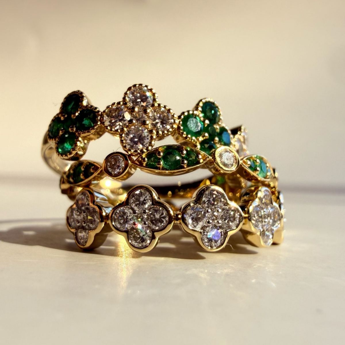 Emerald and Diamond Clover Ring
