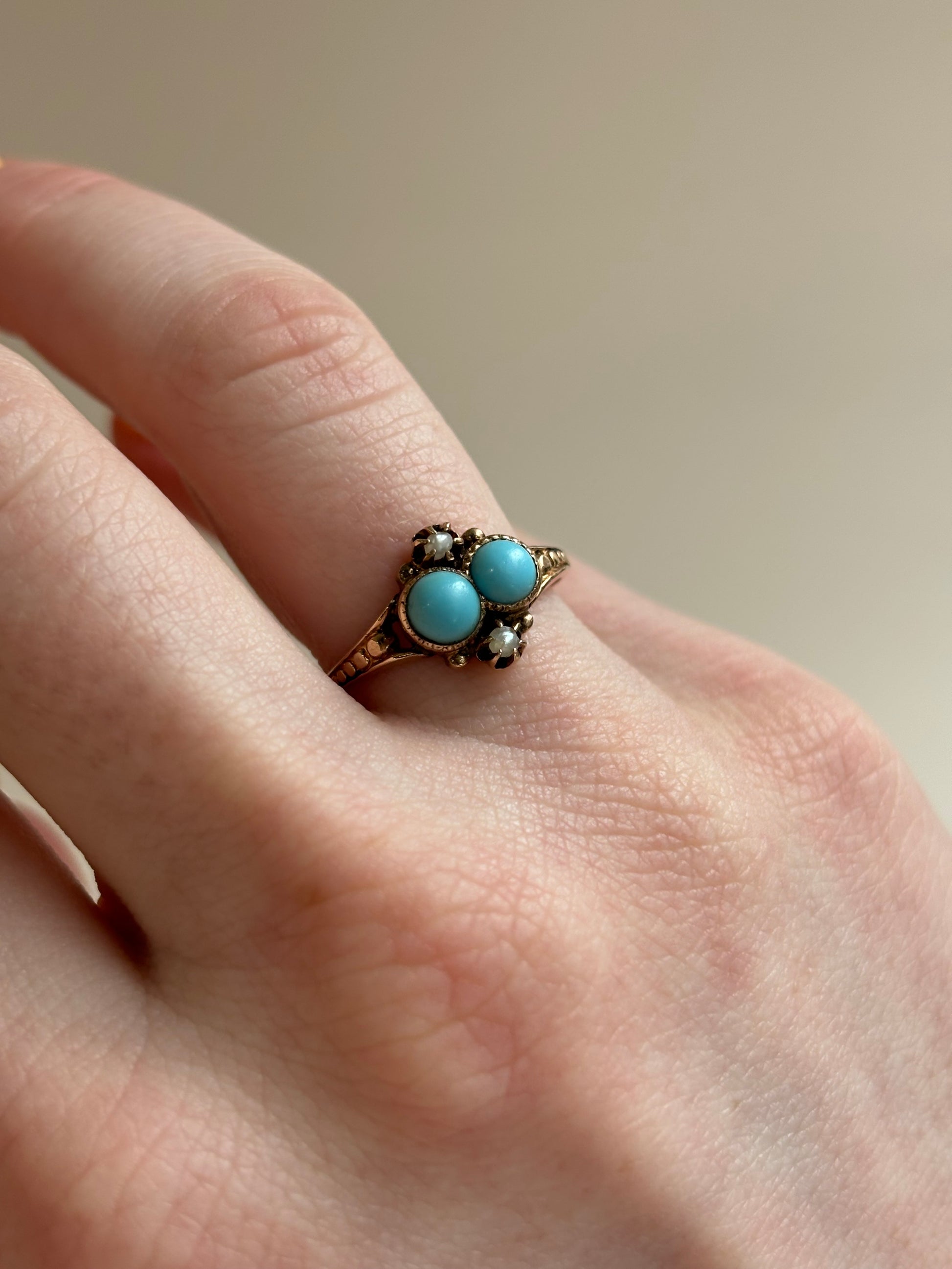 Victorian Double Turquoise Cabochon & Pearl Ring | 10k Yellow Gold | Vintage