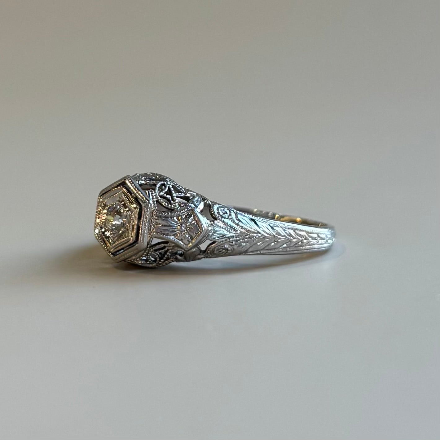 Art Deco Diamond Hexagonal Bezel Filigree Ring | 18k White Gold | Vintage