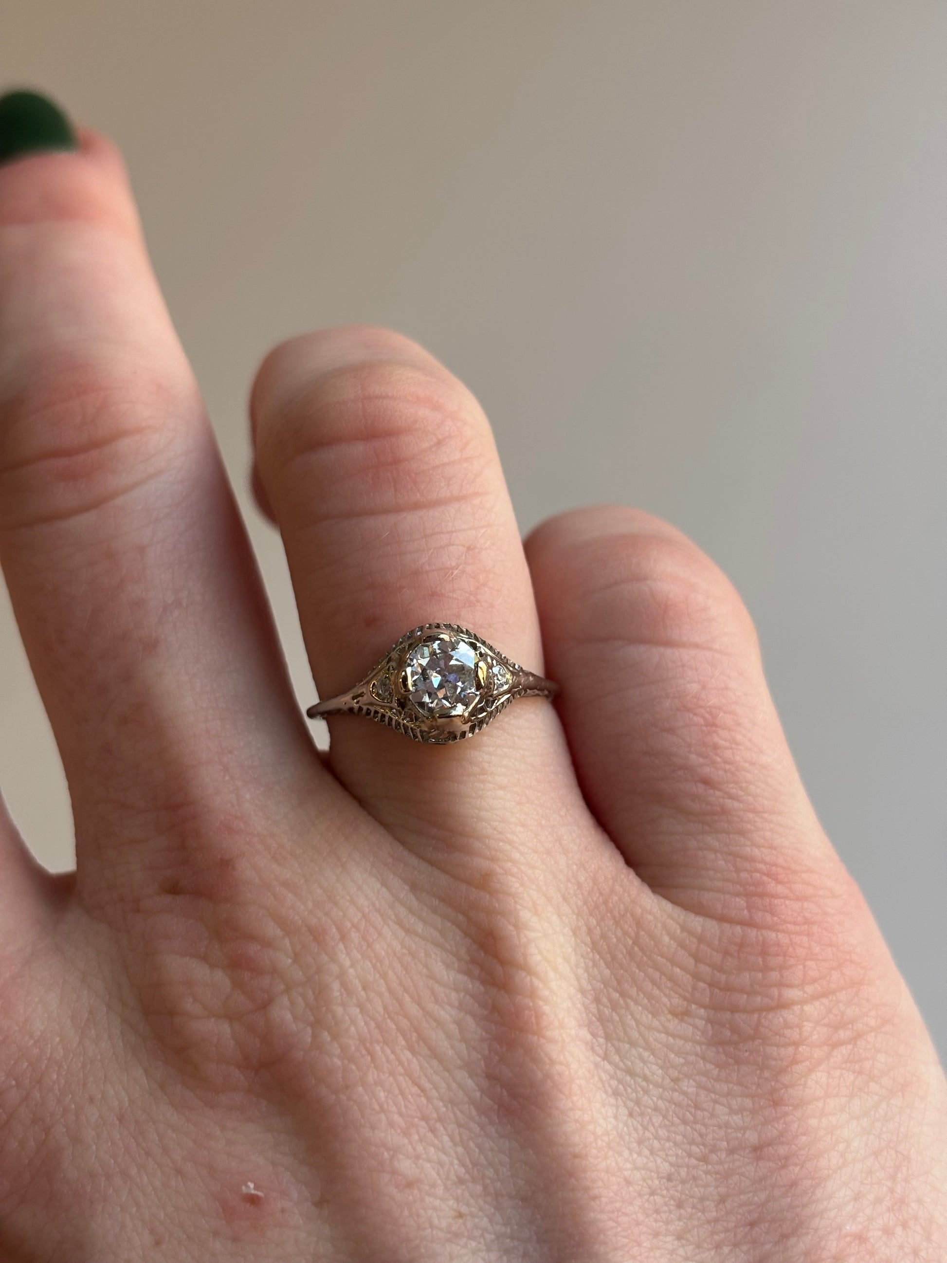 Art Deco 0.52ct Diamond Filigree Engagement Ring | 18k White Gold | Vintage