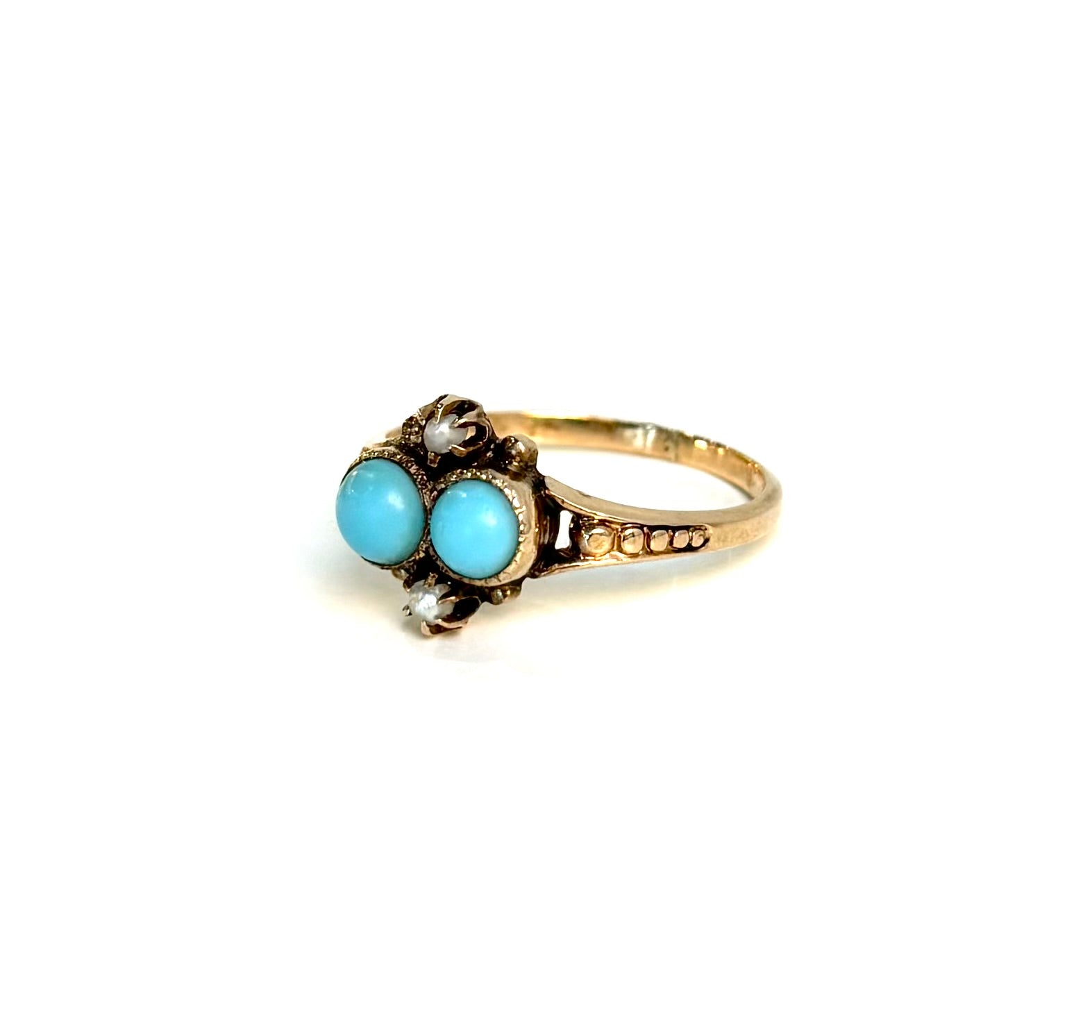 Victorian Double Turquoise Cabochon & Pearl Ring | 10k Yellow Gold | Vintage