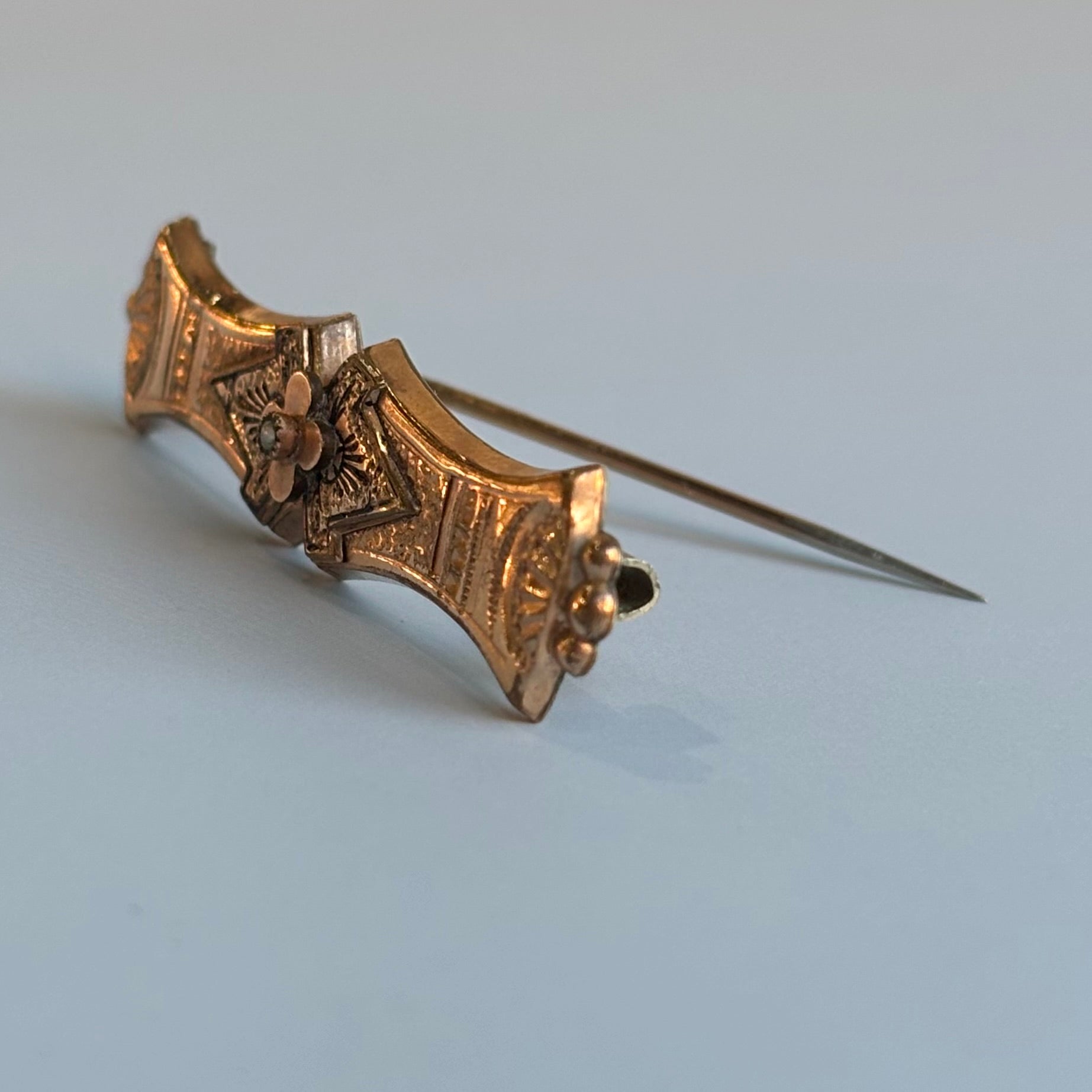 Victorian Black Enamel & Pearl Bar Pin | 10k Yellow Gold | Vintage