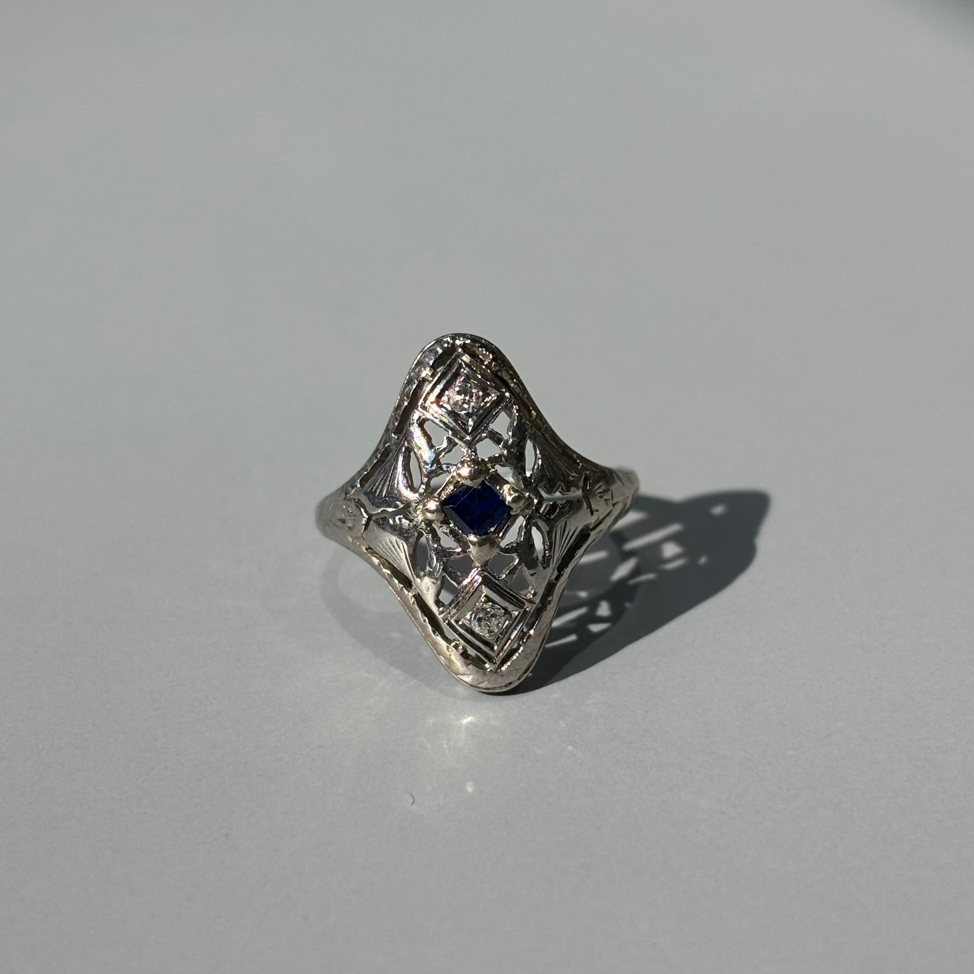 Blue Sapphire & Diamond Navette Filigree Ring | 18k White Gold | Vintage