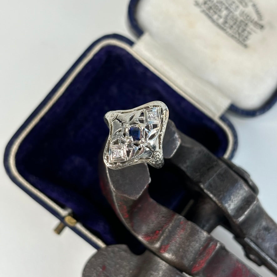 Blue Sapphire & Diamond Navette Filigree Ring | 18k White Gold | Vintage