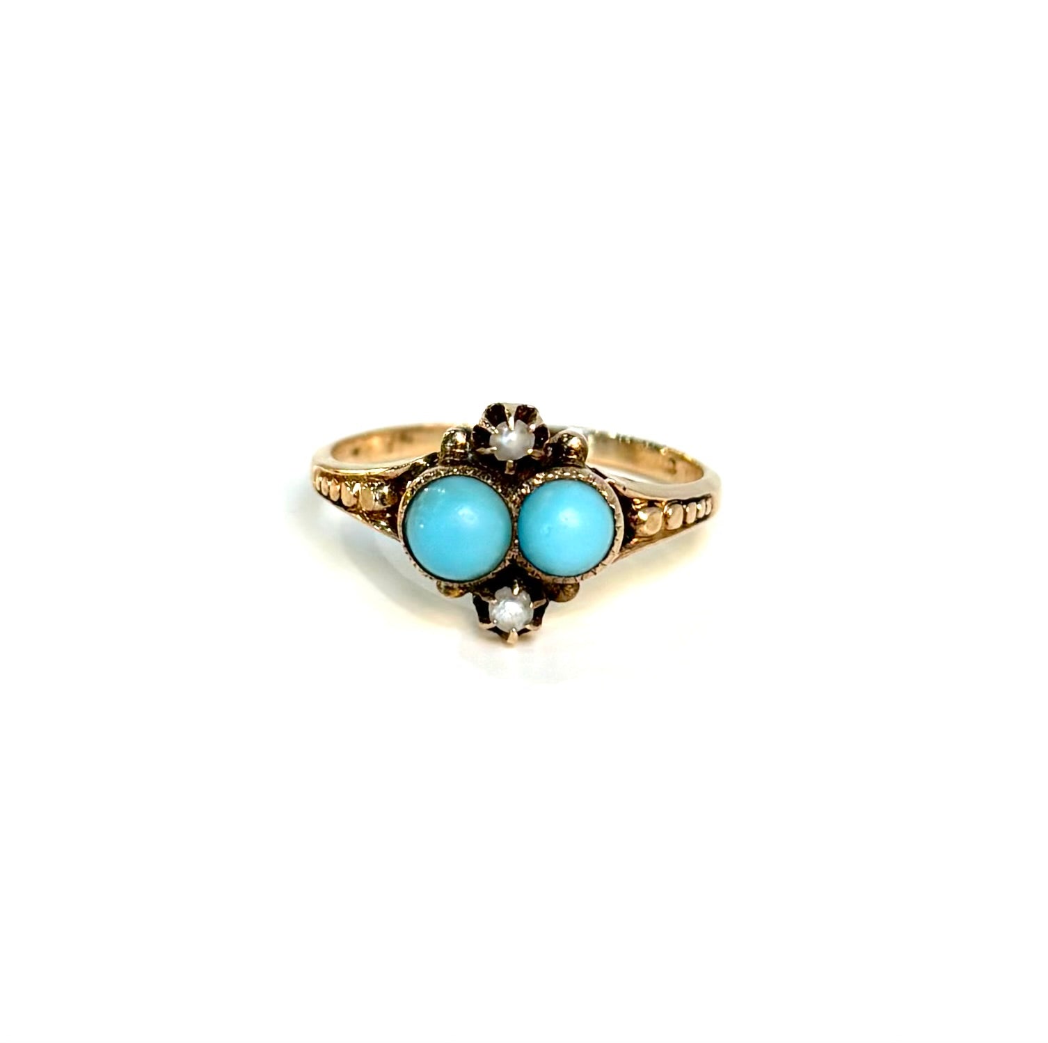 Victorian Double Turquoise Cabochon & Pearl Ring | 10k Yellow Gold | Vintage