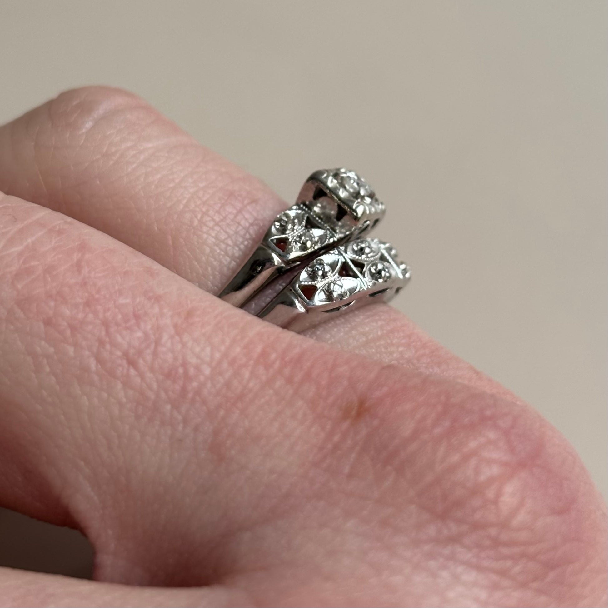 Art Deco Old European Cut Diamond Matching Bridal Set | 14k White Gold | Vintage