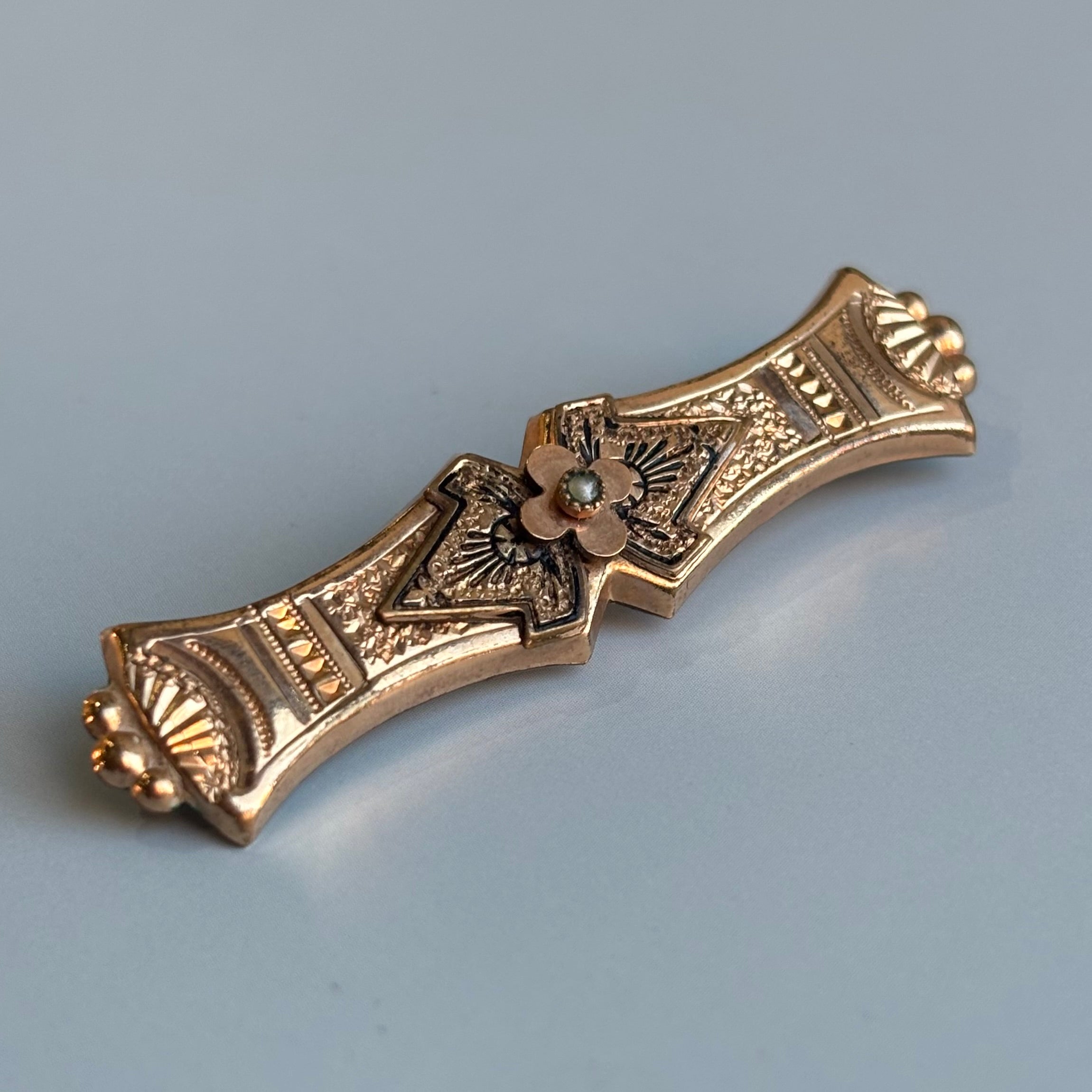 Victorian Black Enamel & Pearl Bar Pin | 10k Yellow Gold | Vintage