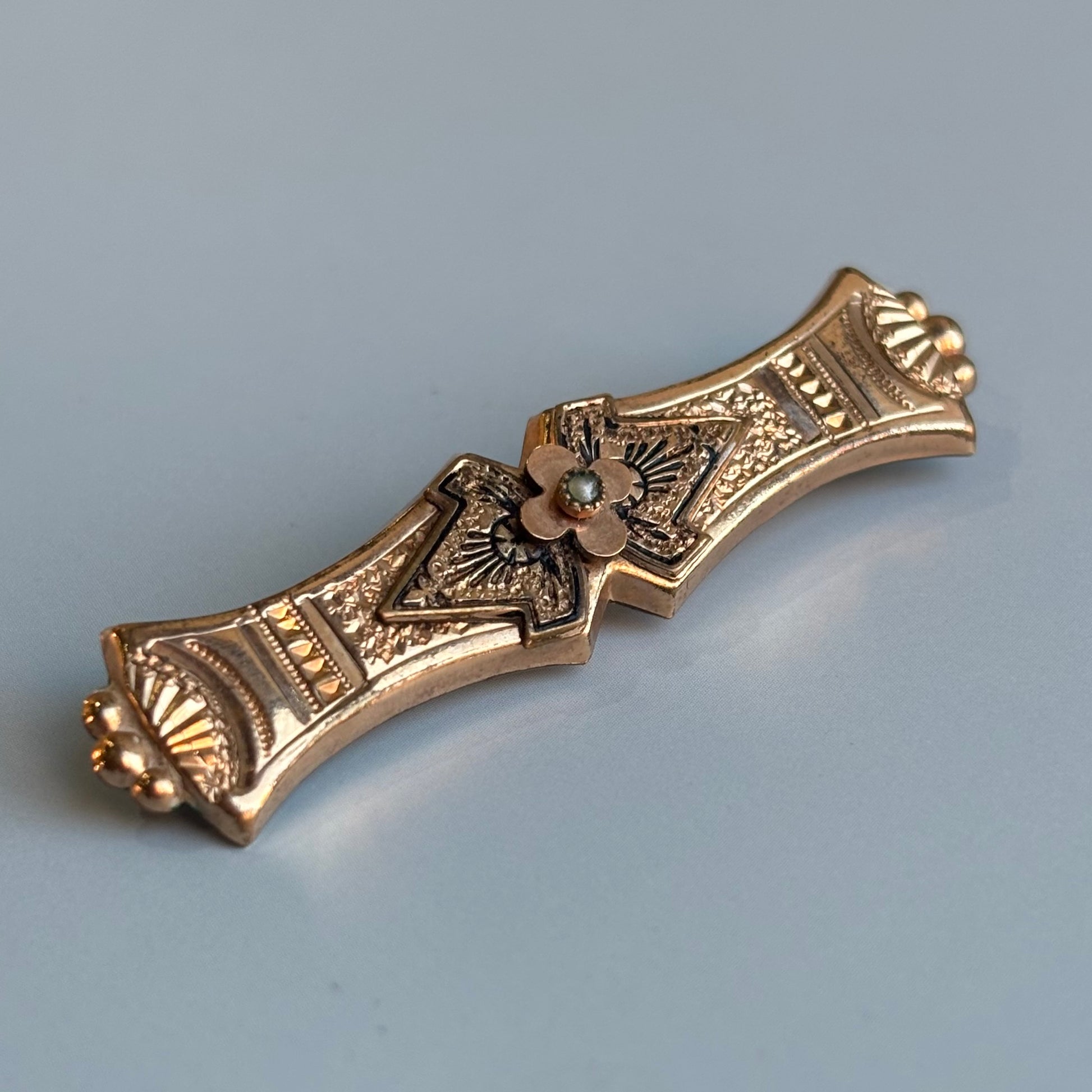 Victorian Black Enamel & Pearl Bar Pin | 10k Yellow Gold | Vintage